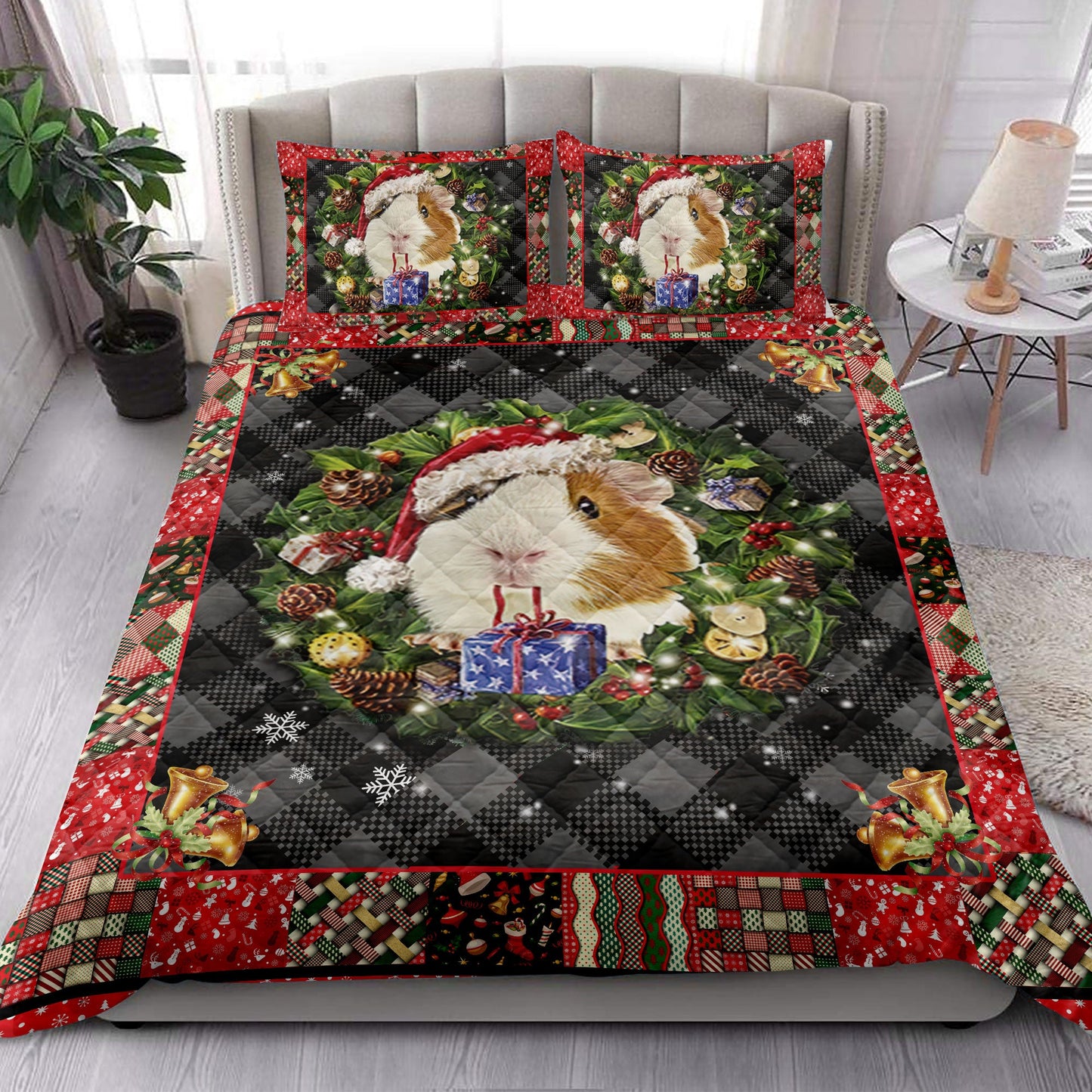 Guinea Pig Quilt Set, Guinea Pig Wearingmas Hat String Lights Quilt Blanket With Pillowcases, Quilt Bedding Set, Christmas Gift