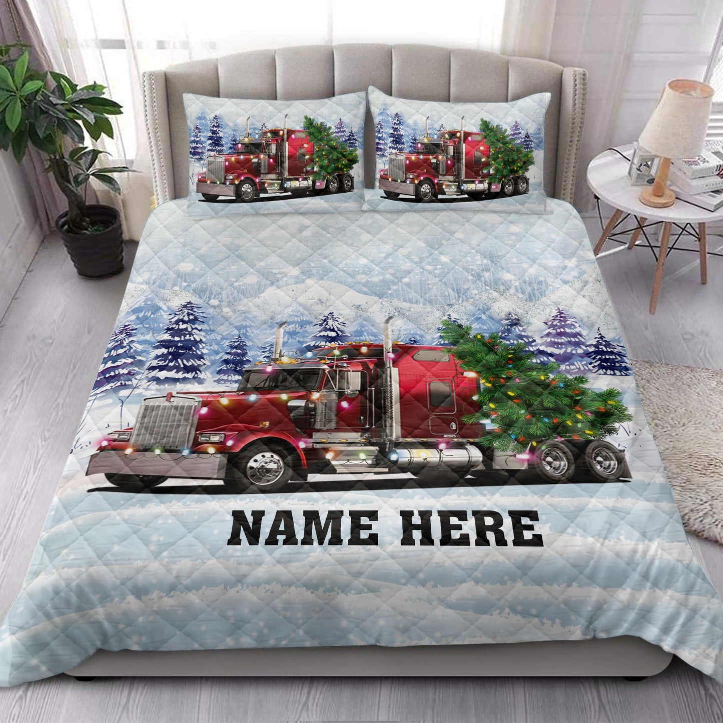 Personalized Trucker Quilt Set, Red Truckermas Tree String Lights Quilt Blanket With Pillowcases, Custom Name Quilt Bedding Set, Christmas Gift