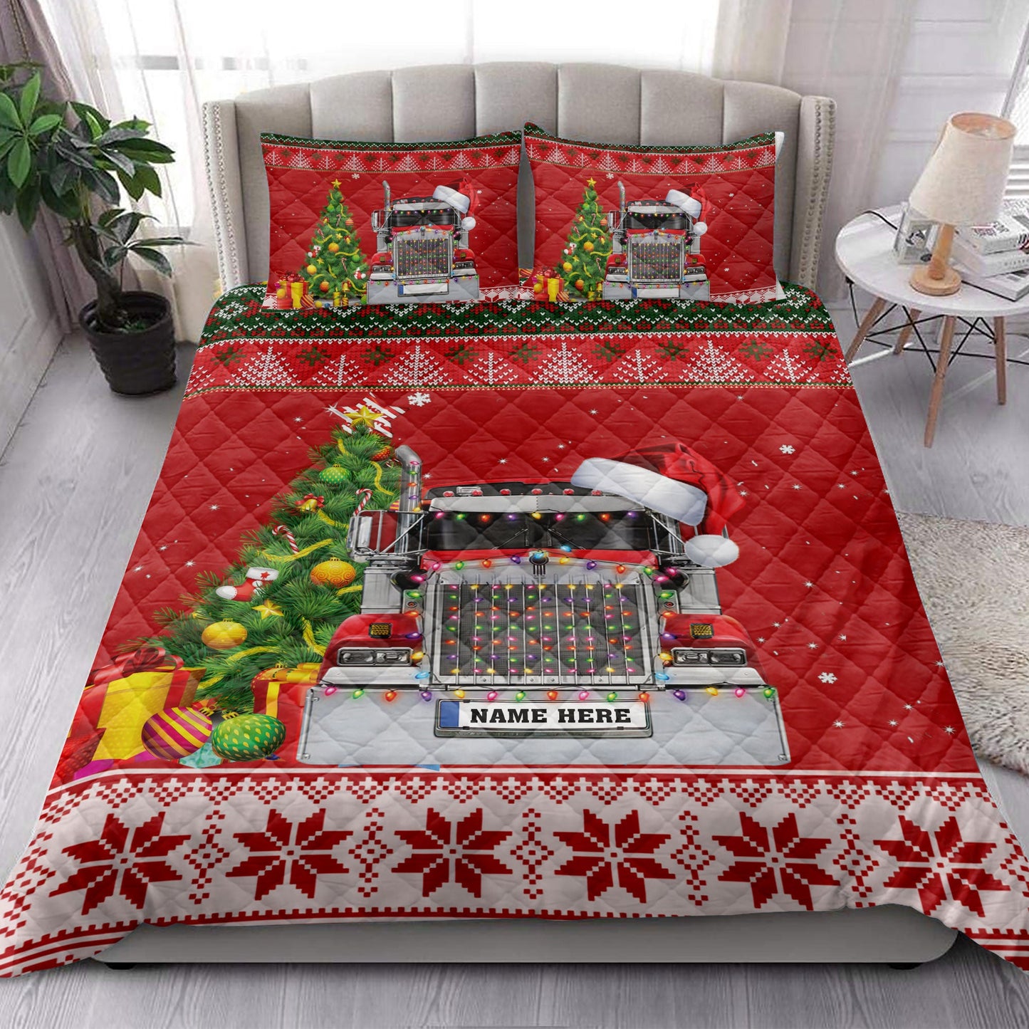 Personalized Trucker Quilt Set, Red Truckermas Tree String Light Quilt Blanket With Pillowcases, Custom Name Quilt Bedding Set, Christmas Gift