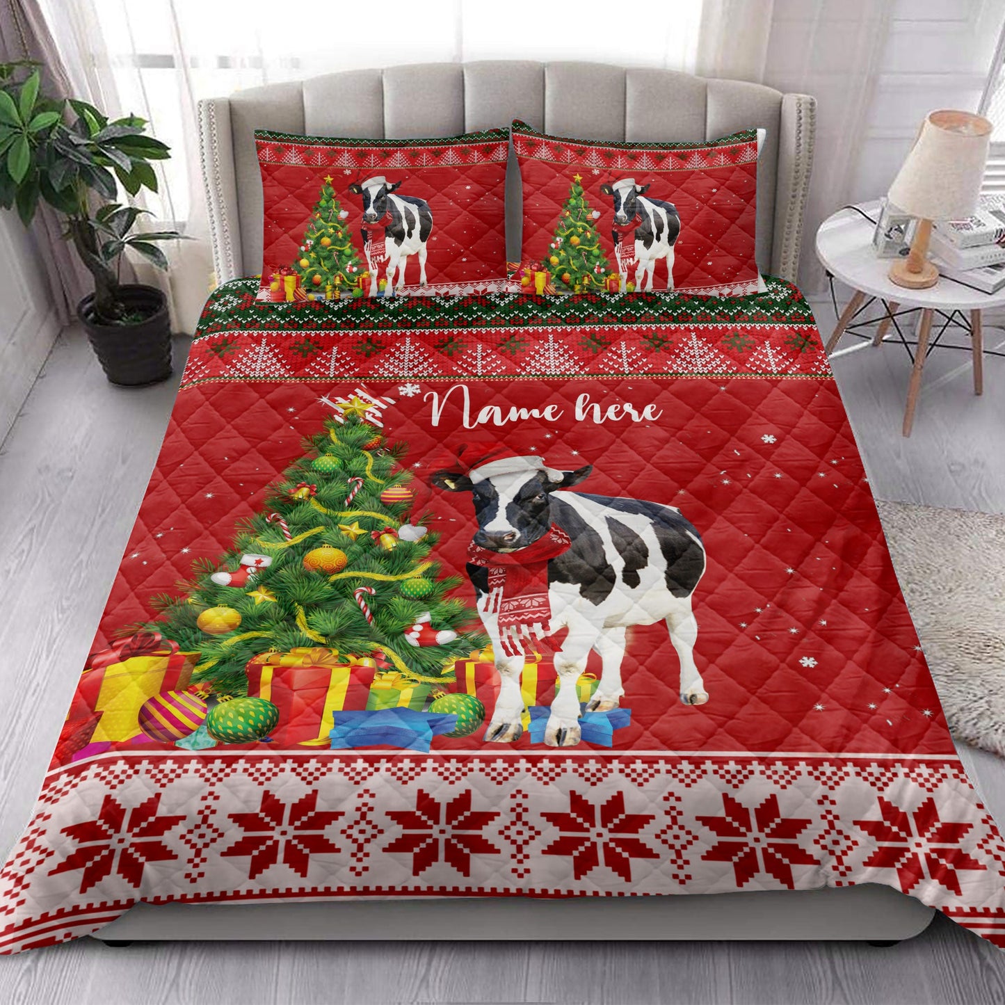 Personalized Cow Quilt Set, Cowmas Tree String Light Quilt Blanket With Pillowcases, Custom Name Quilt Bedding Set, Christmas Gift