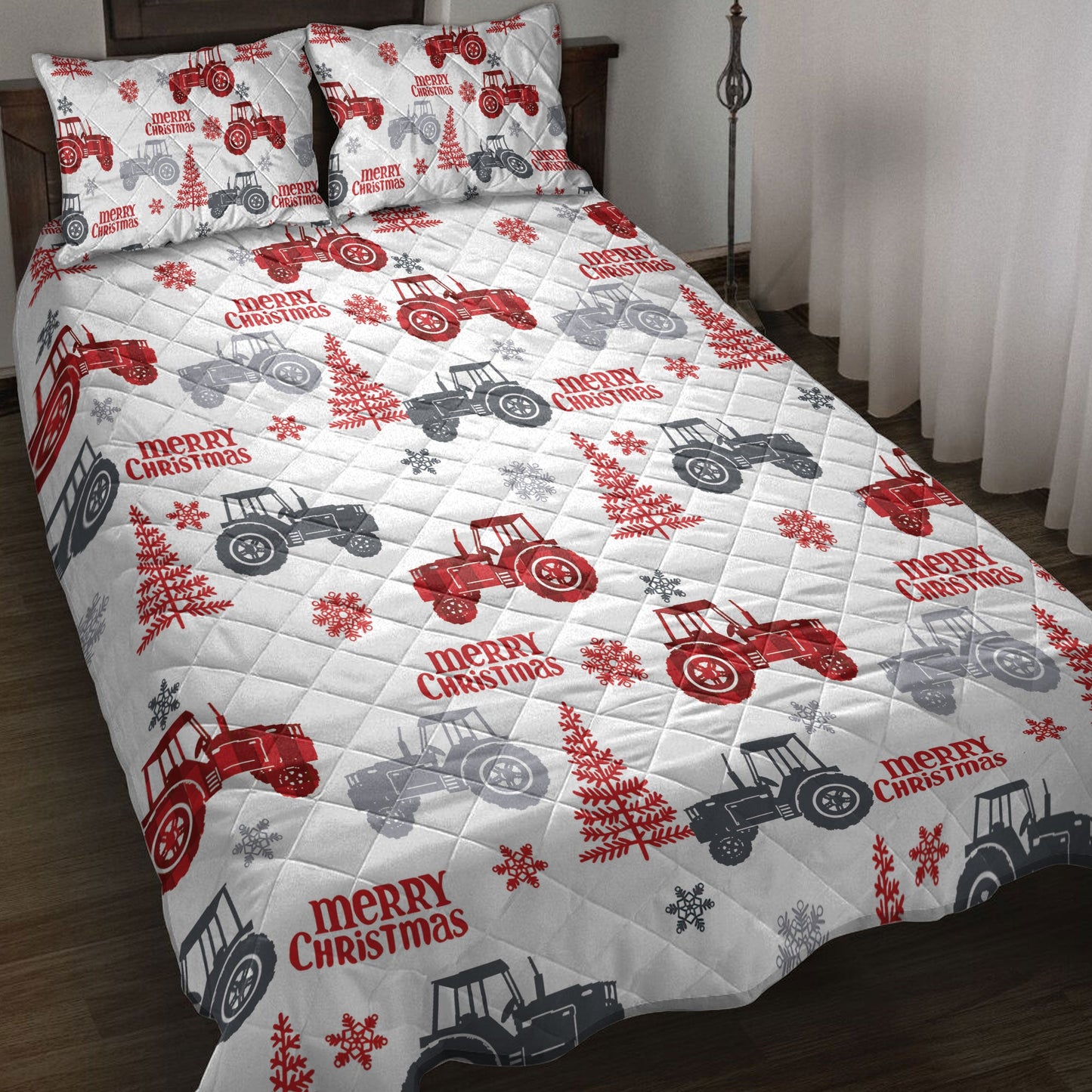Tractor Quilt Set, Red Tractor Farm Country Withmas Tree Farmer Quilt Blanket With Pillowcases, Quilt Bedding Set, Christmas Gift