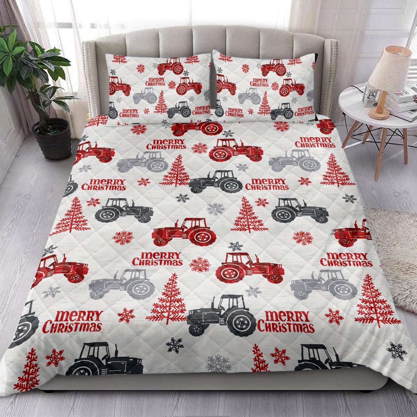 Tractor Quilt Set, Red Tractor Farm Country Withmas Tree Farmer Quilt Blanket With Pillowcases, Quilt Bedding Set, Christmas Gift
