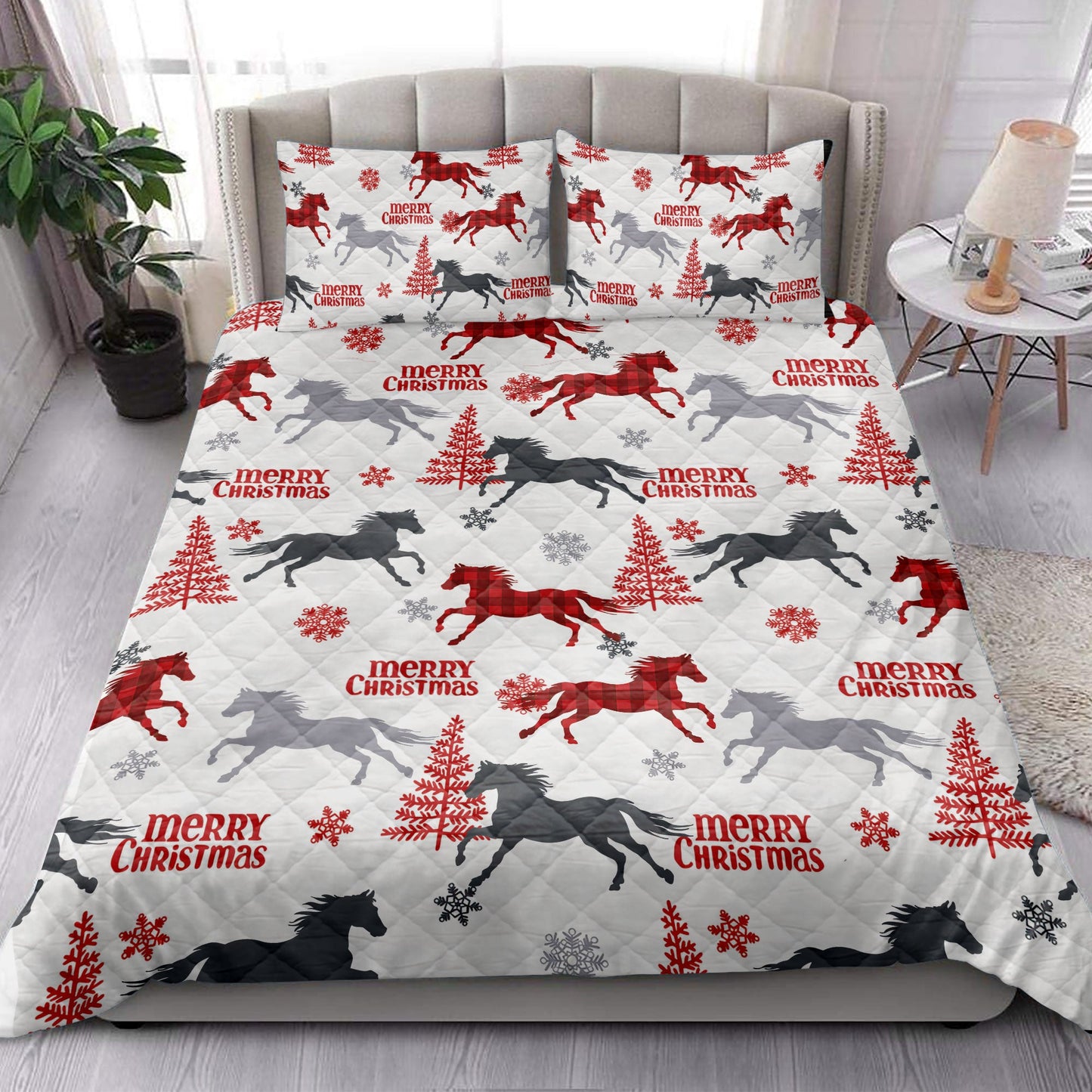 Horse Quilt Set, Horse Withmas Tree Snowflake Horses Quilt Blanket With Pillowcases, Quilt Bedding Set, Christmas Gift