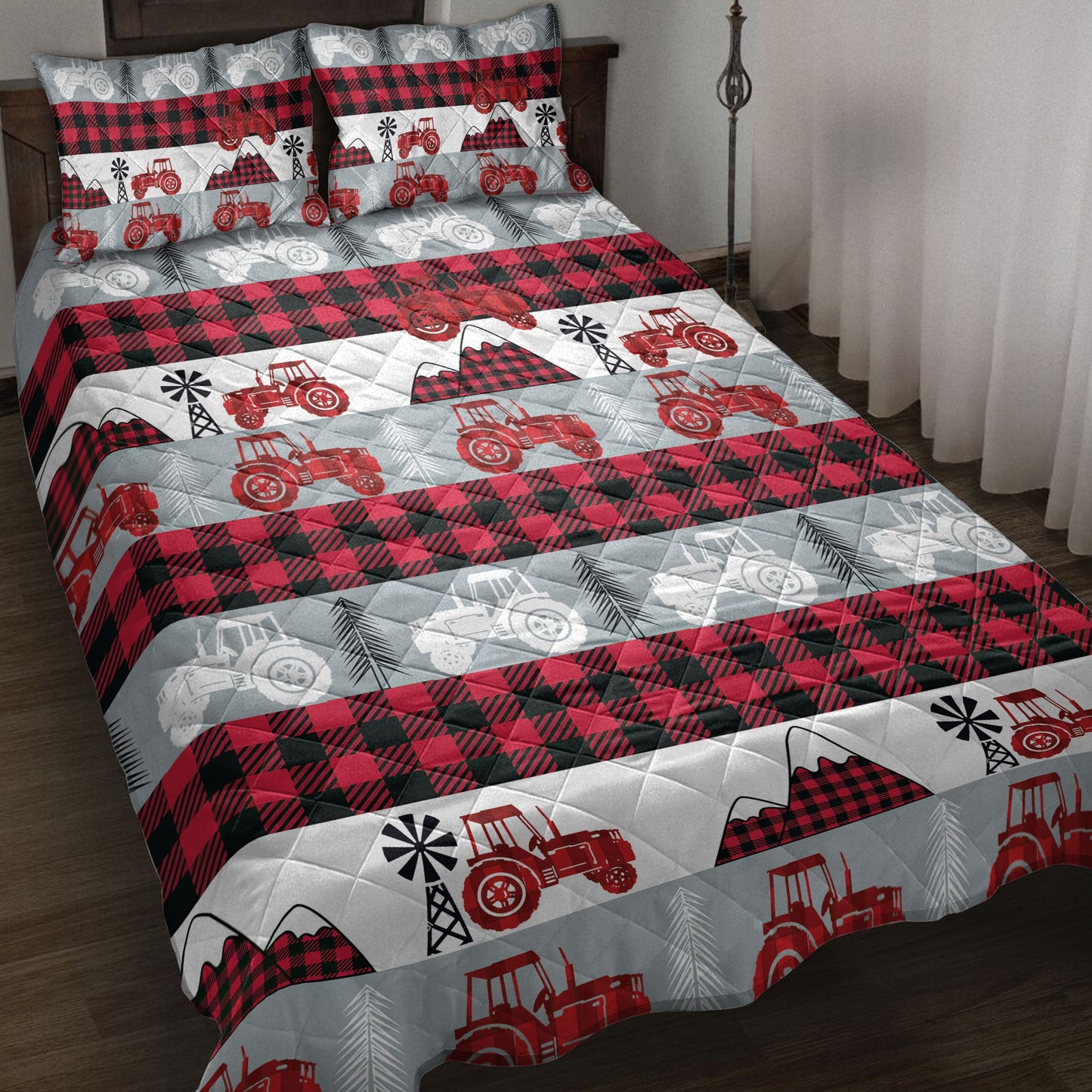 Tractor Quilt Set, Christmas Red Tractor Farm Country Red Buffalo Plaid Quilt Blanket With Pillowcases, Quilt Bedding Set, Christmas Gift