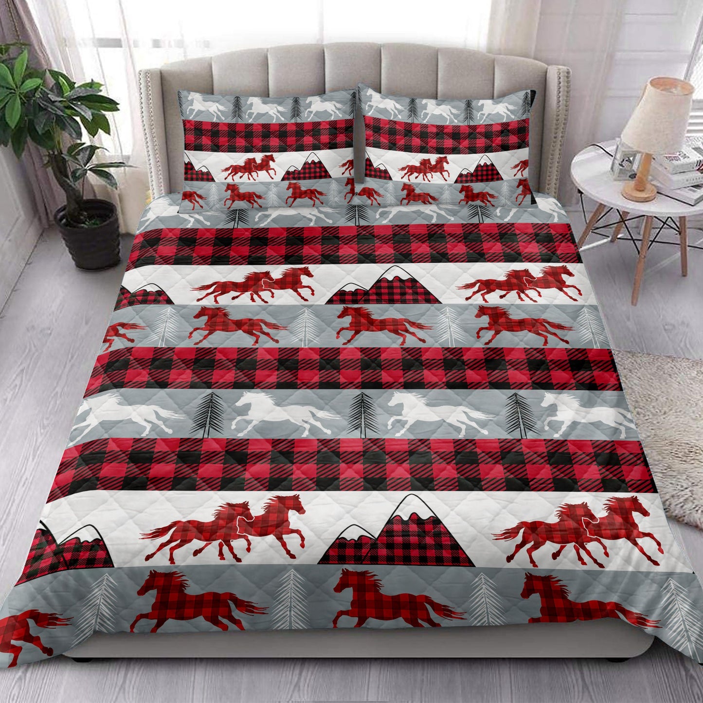 Horse Quilt Set, Christmas Horse Red Buffalo Plaid Winter Holiday Quilt Blanket With Pillowcases, Quilt Bedding Set, Christmas Gift