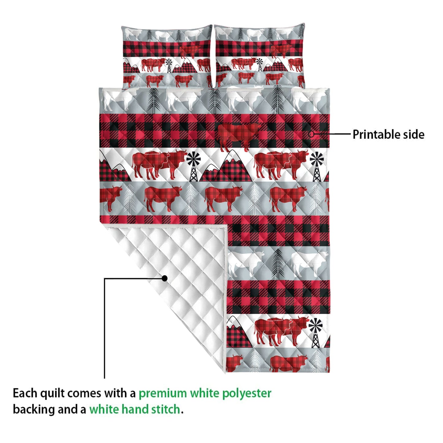 Cow Quilt Set, Christmas Cow Red Buffalo Plaid Winter Holidays Quilt Blanket With Pillowcases, Quilt Bedding Set, Christmas Gift