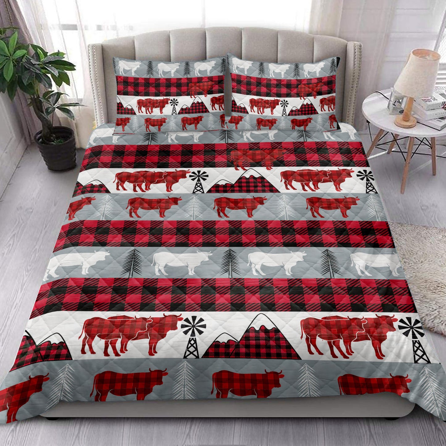 Cow Quilt Set, Christmas Cow Red Buffalo Plaid Winter Holidays Quilt Blanket With Pillowcases, Quilt Bedding Set, Christmas Gift