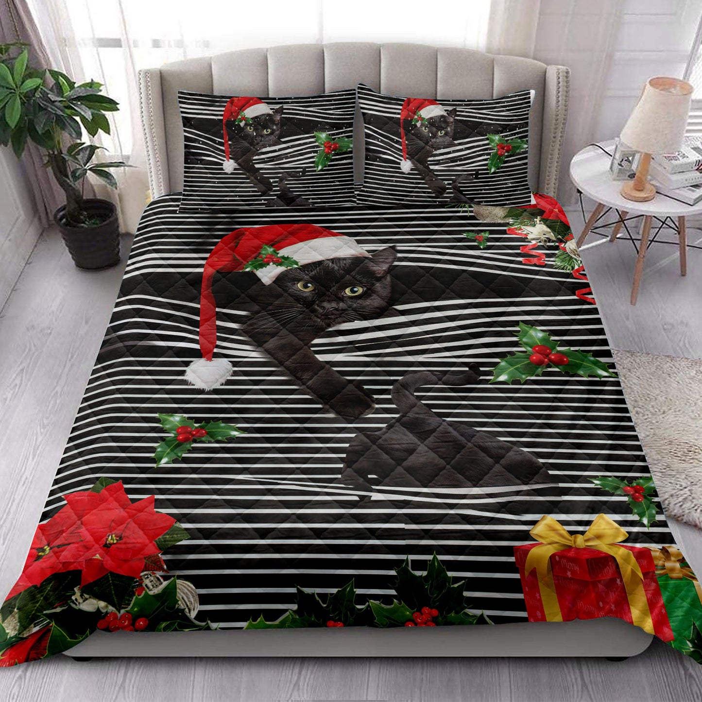 Black Cat Quilt Set, Black Catmas Striped With Santa Hat And Holy Berry Snowflake Quilt Blanket With Pillowcases, Quilt Bedding Set, Christmas Gift
