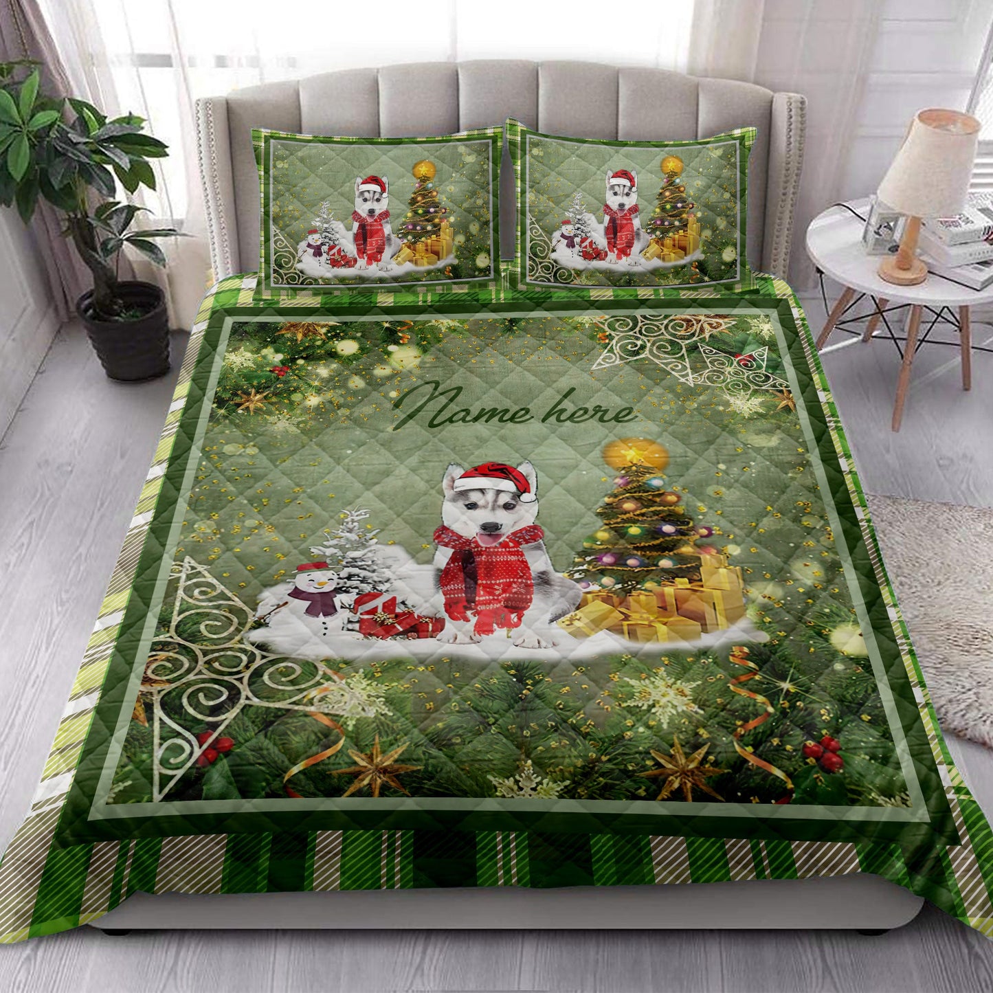 Personalized Husky Quilt Set, H Usky Sibirmas Tree String Light Quilt Blanket With Pillowcases, Custom Name Quilt Bedding Set, Christmas Gift