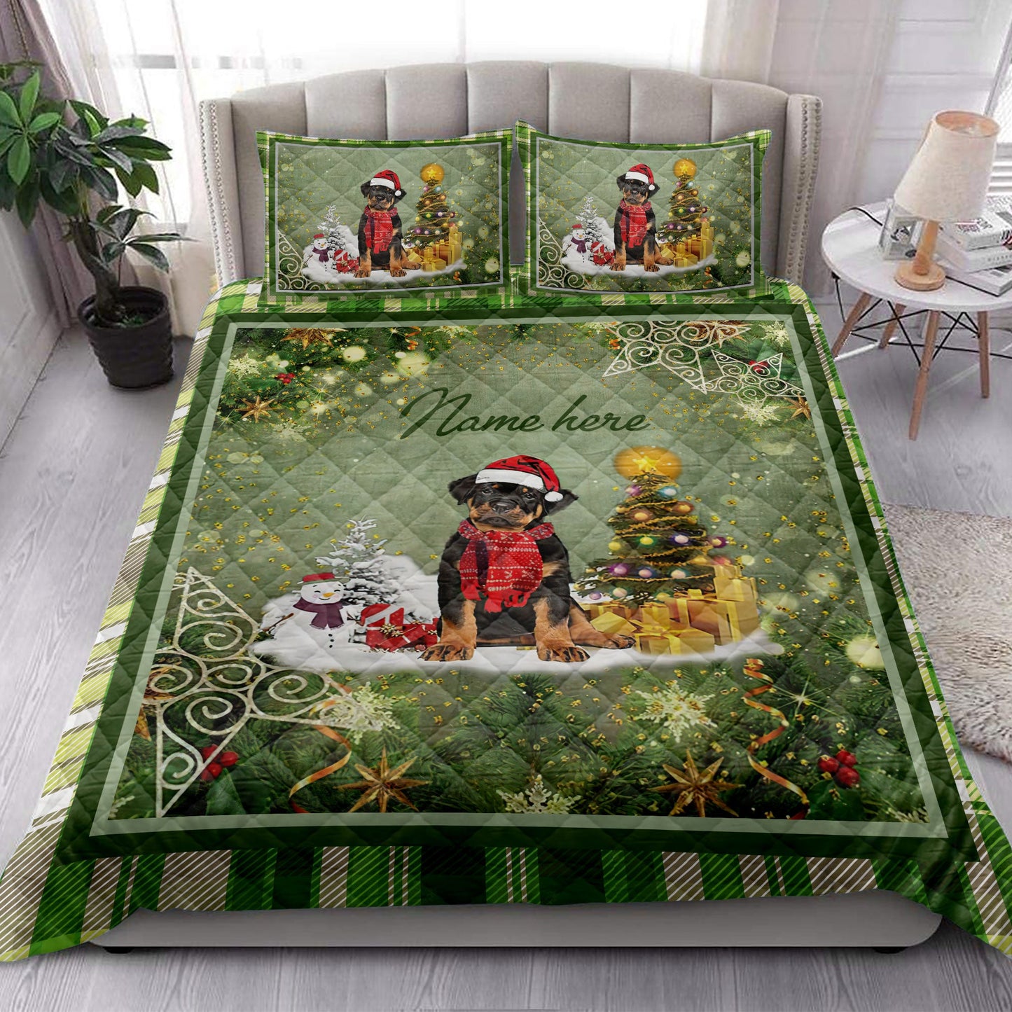 Personalized Rottweiler Quilt Set, Rottweilermas Tree String Lights Quilt Blanket With Pillowcases, Custom Name Quilt Bedding Set, Christmas Gift