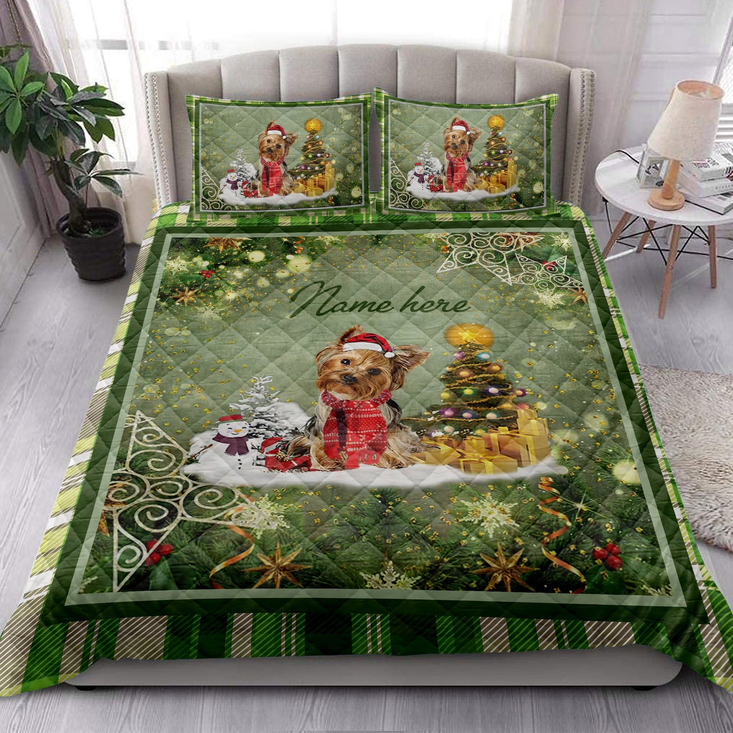 Personalized Yorkshire Quilt Set, Yorkshiremas Tree String Lights Quilt Blanket With Pillowcases, Custom Name Quilt Bedding Set, Christmas Gift