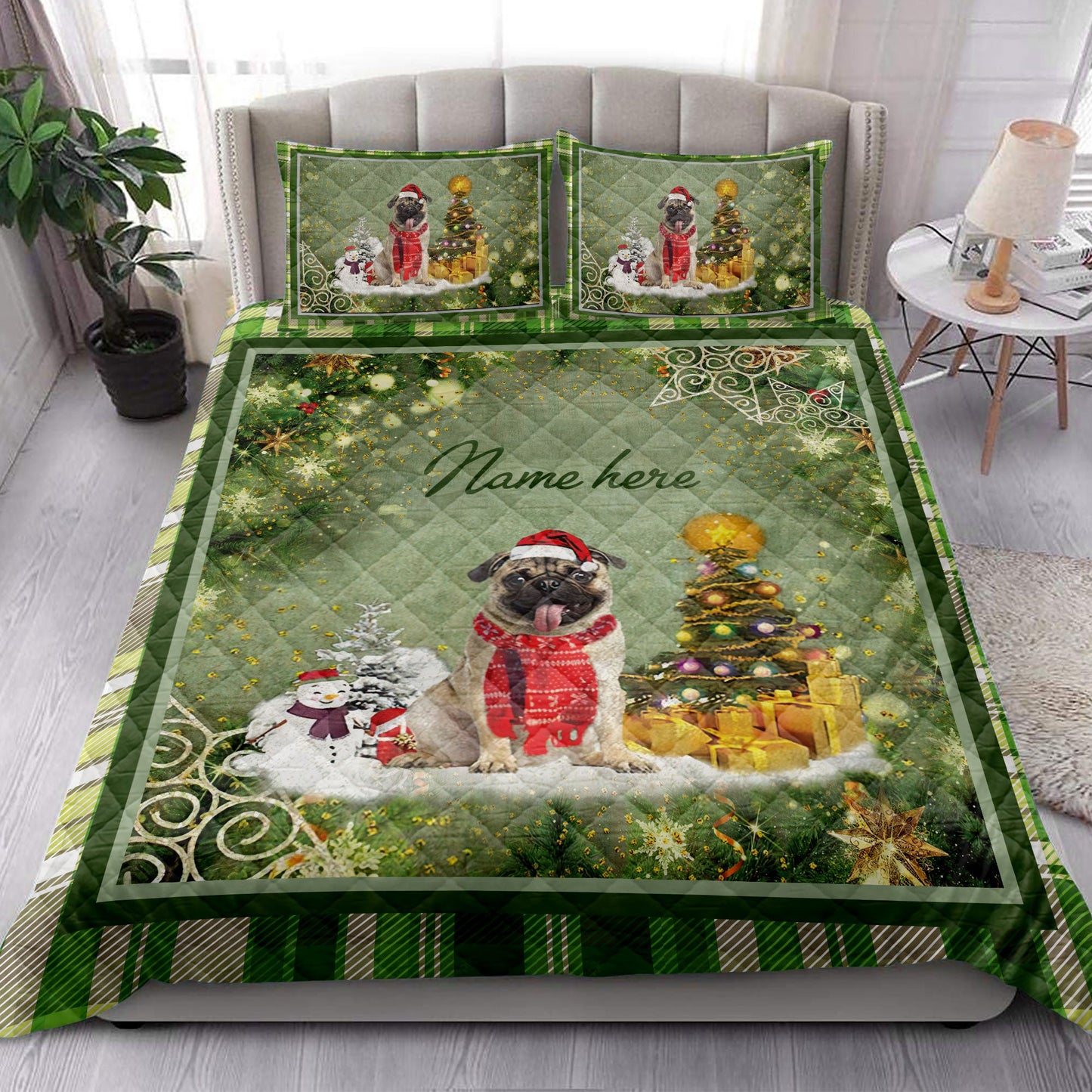 Personalized Pug Quilt Set, Pugmas Tree String Lights Quilt Blanket With Pillowcases, Custom Name Quilt Bedding Set, Christmas Gift