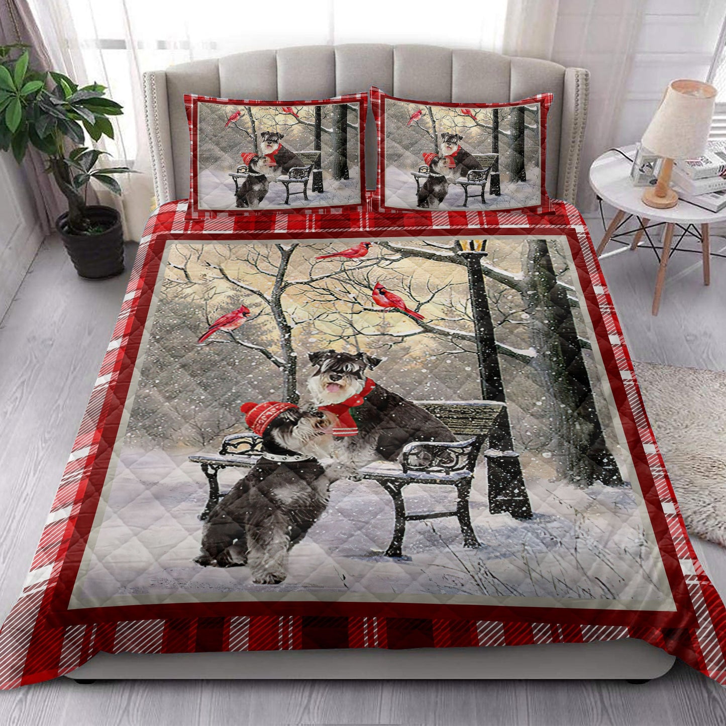 Schnauzer Quilt Set, Schnauzer Hellomas Snowflake Winter Park Cardinal Holiday Quilt Blanket With Pillowcases, Quilt Bedding Set, Christmas Gift