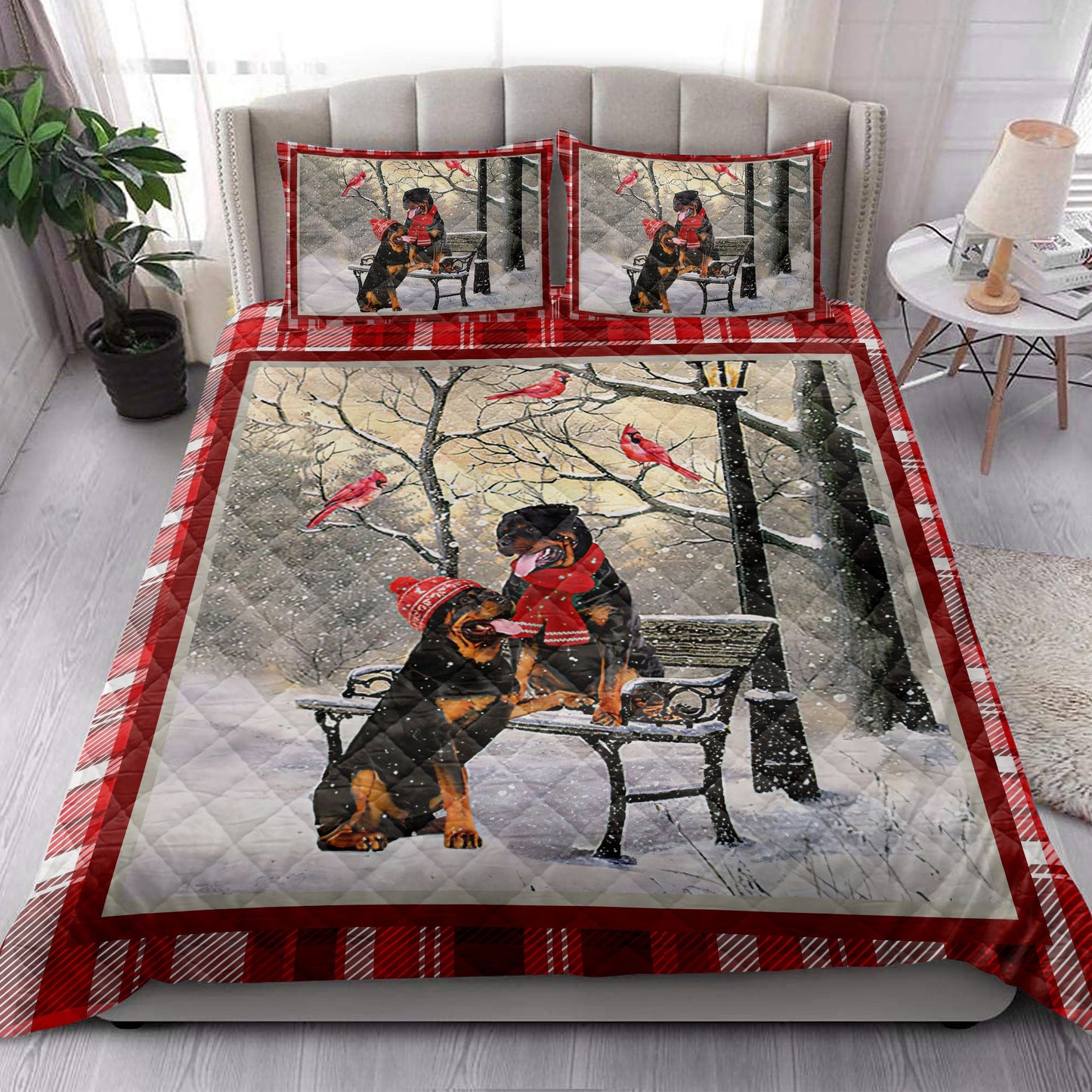 Rottweiler Quilt Set, Rottweiler Hellomas Snowflake Winter Park Cardinal Holiday Quilt Blanket With Pillowcases, Quilt Bedding Set, Christmas Gift