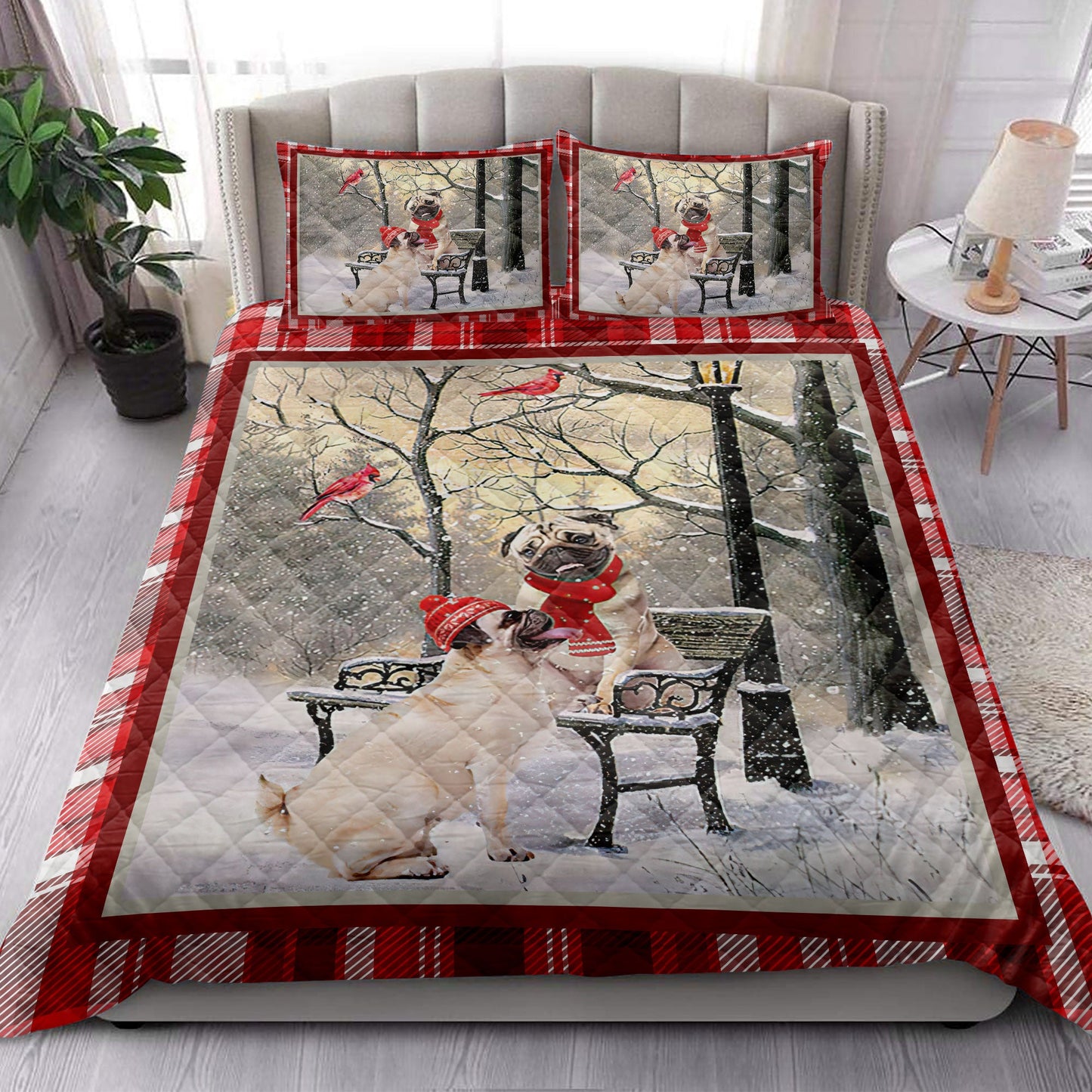 Pug Quilt Set, Pug Hellomas Snowflake Winter Park Cardinal Holiday Quilt Blanket With Pillowcases, Quilt Bedding Set, Christmas Gift