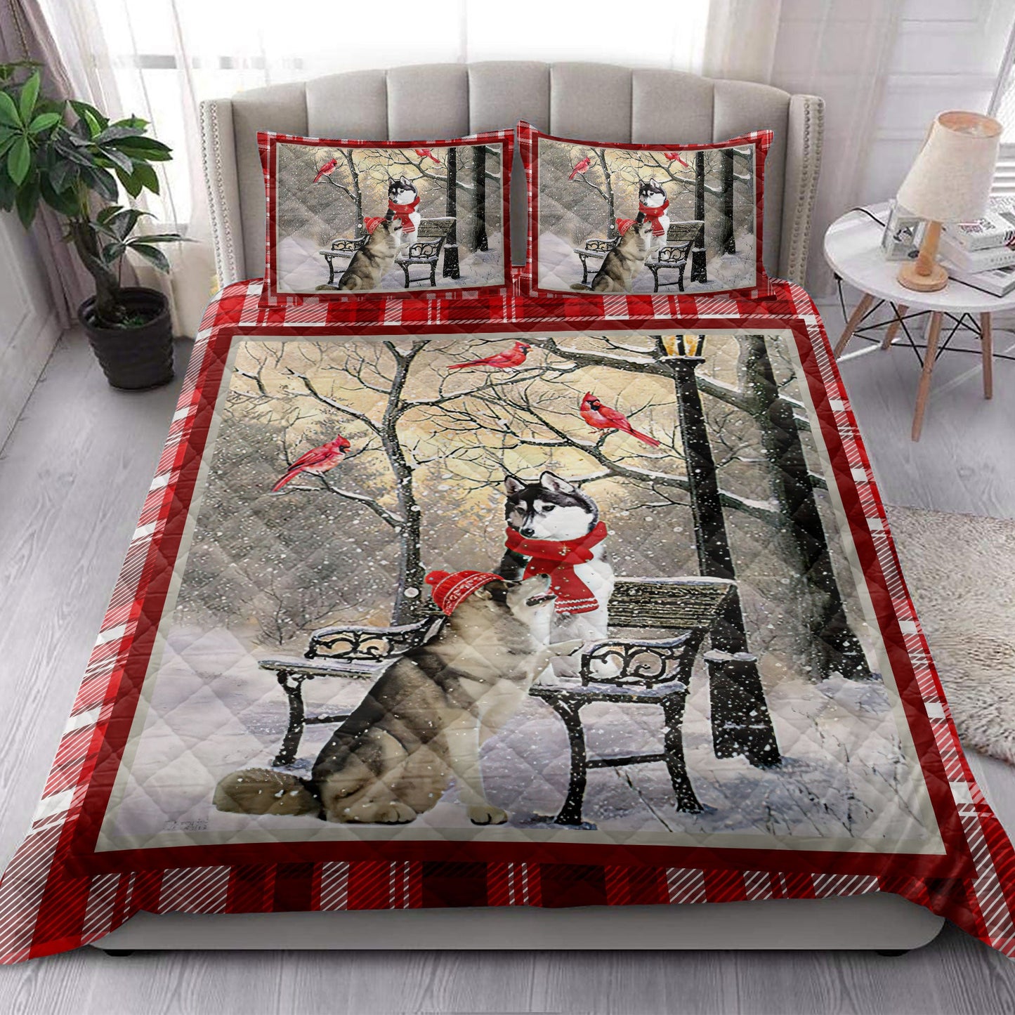 Husky Quilt Set, H Usky Sibir Hellomas Snowflake Winter Park Cardinal Holiday Quilt Blanket With Pillowcases, Quilt Bedding Set, Christmas Gift