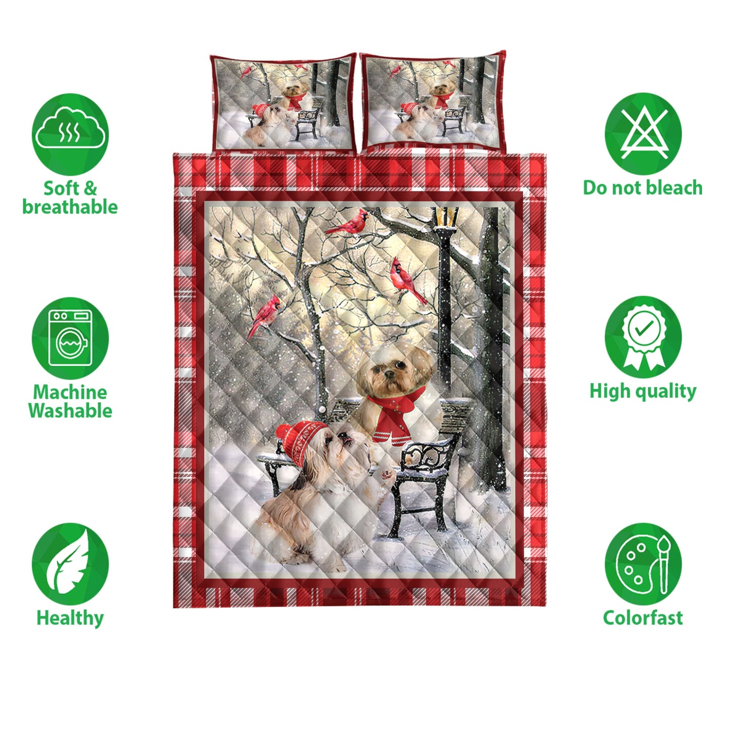 Shih Tzu Quilt Set, Shih Tzu Hellomas Snowflake Winter Park Cardinal Holiday Quilt Blanket With Pillowcases, Quilt Bedding Set, Christmas Gift