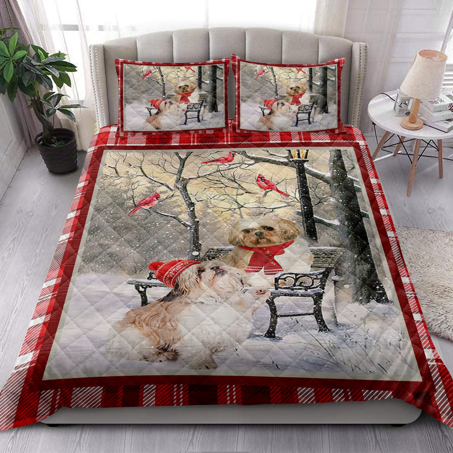 Shih Tzu Quilt Set, Shih Tzu Hellomas Snowflake Winter Park Cardinal Holiday Quilt Blanket With Pillowcases, Quilt Bedding Set, Christmas Gift