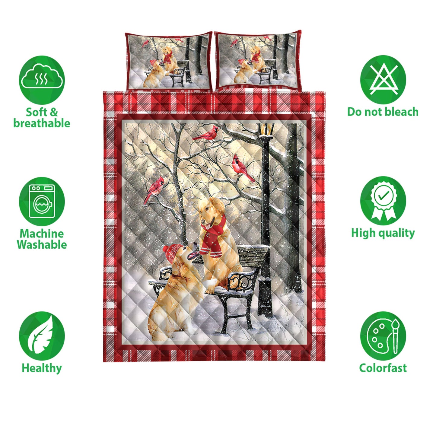 Golden Retriever Quilt Set, Golden Retriever Hellomas Snowflake Winter Park Holiday Quilt Blanket With Pillowcases, Quilt Bedding Set, Christmas Gift