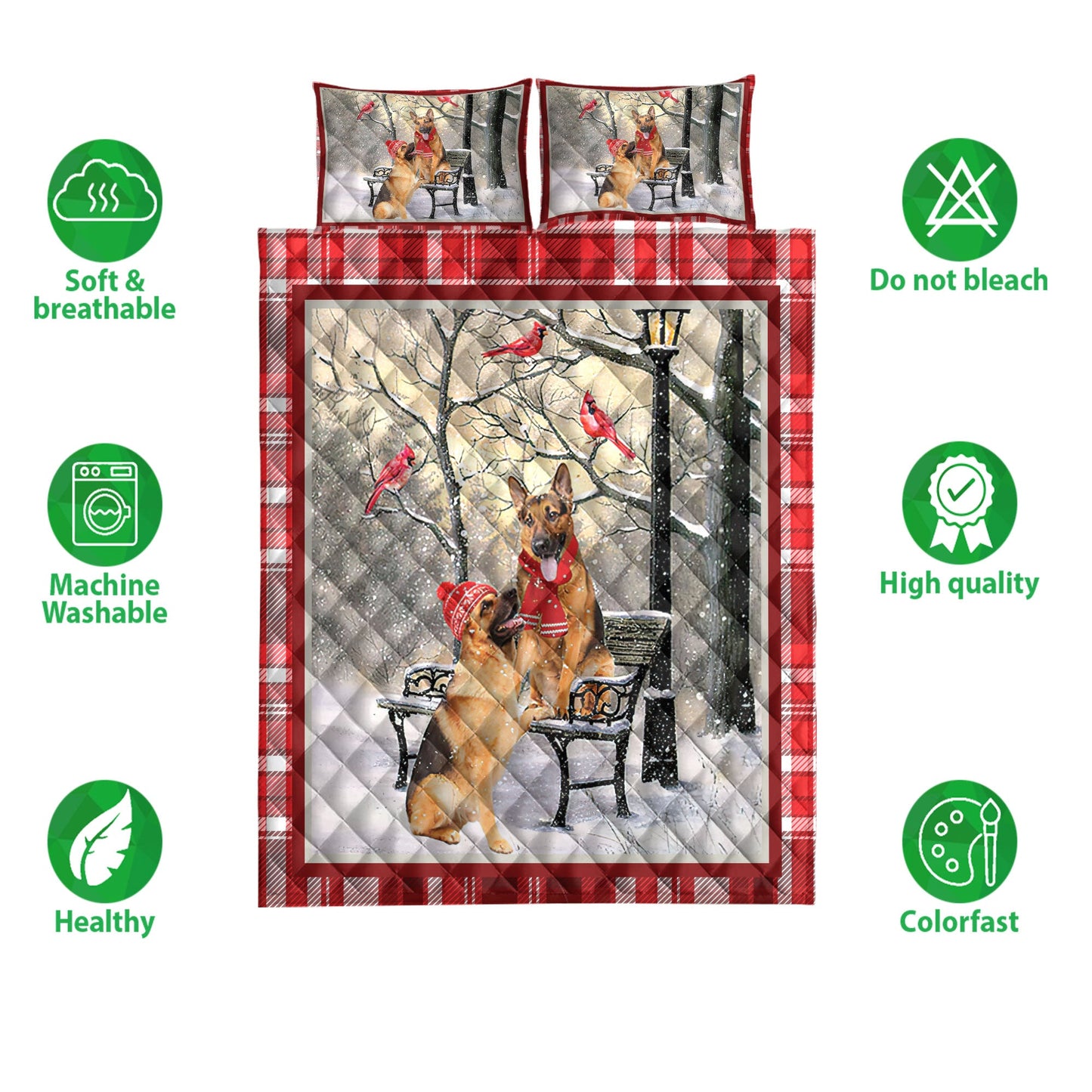 German Shepherd Quilt Set, German Shepherd Hellomas Snowflake Winter Park Holiday Quilt Blanket With Pillowcases, Quilt Bedding Set, Christmas Gift