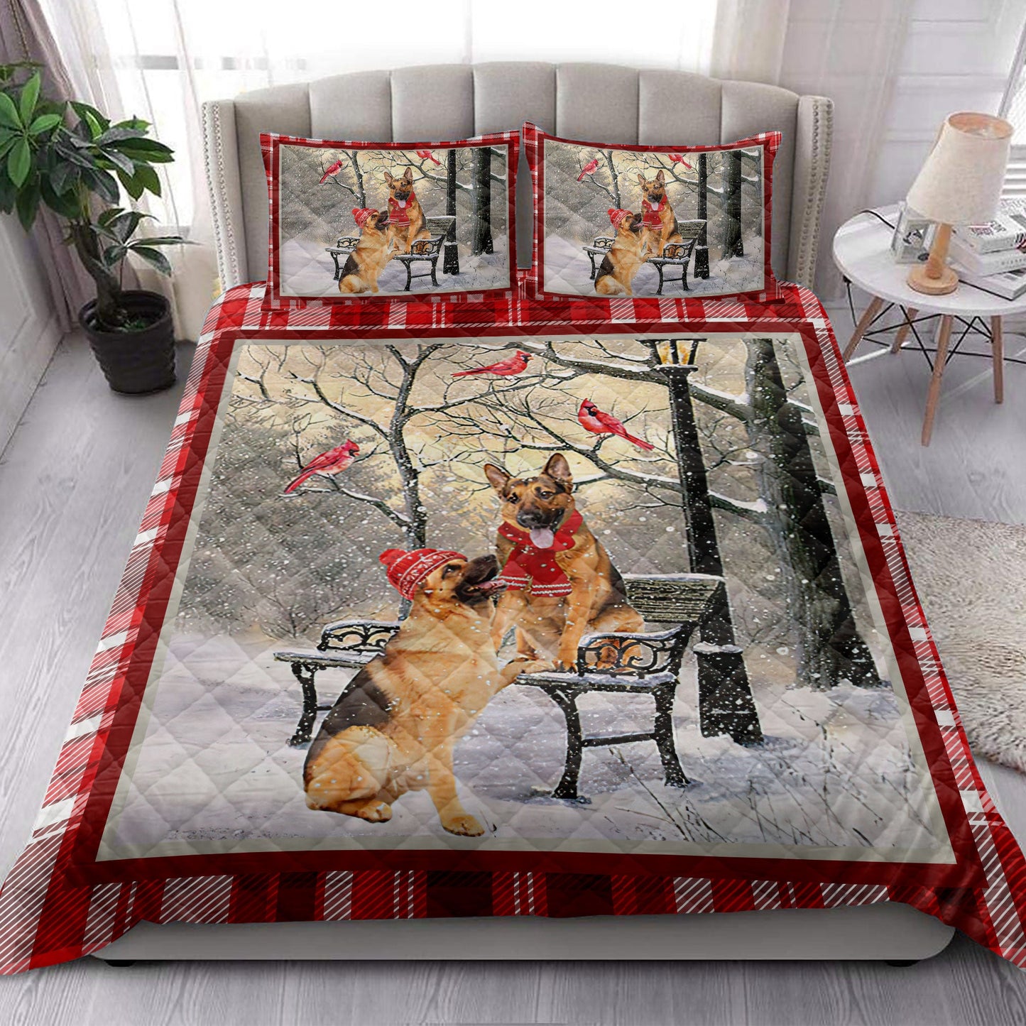 German Shepherd Quilt Set, German Shepherd Hellomas Snowflake Winter Park Holiday Quilt Blanket With Pillowcases, Quilt Bedding Set, Christmas Gift