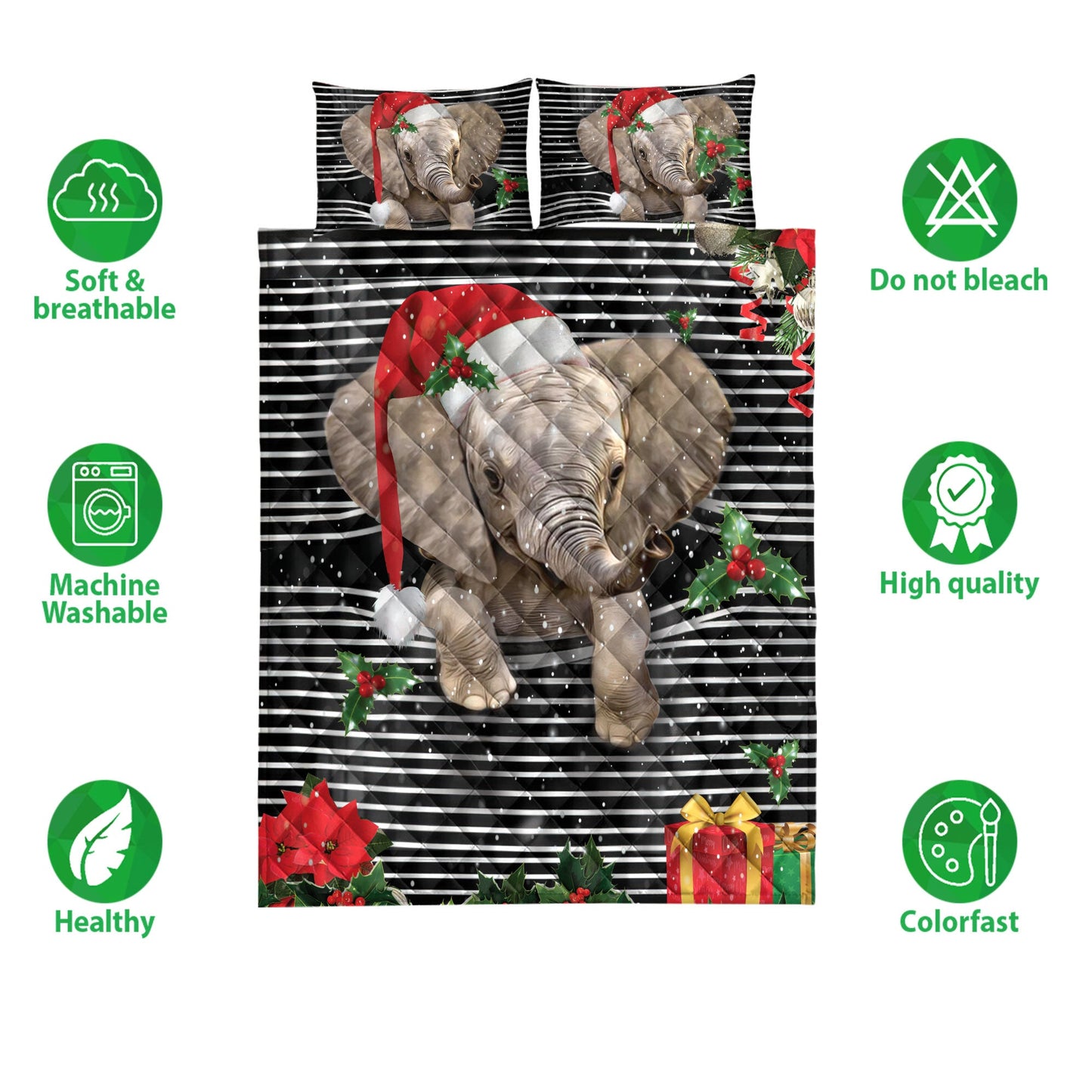 Elephant Quilt Set, Elephantmas Striped With Santa Hat And Holy Berry Snowflake Quilt Blanket With Pillowcases, Quilt Bedding Set, Christmas Gift