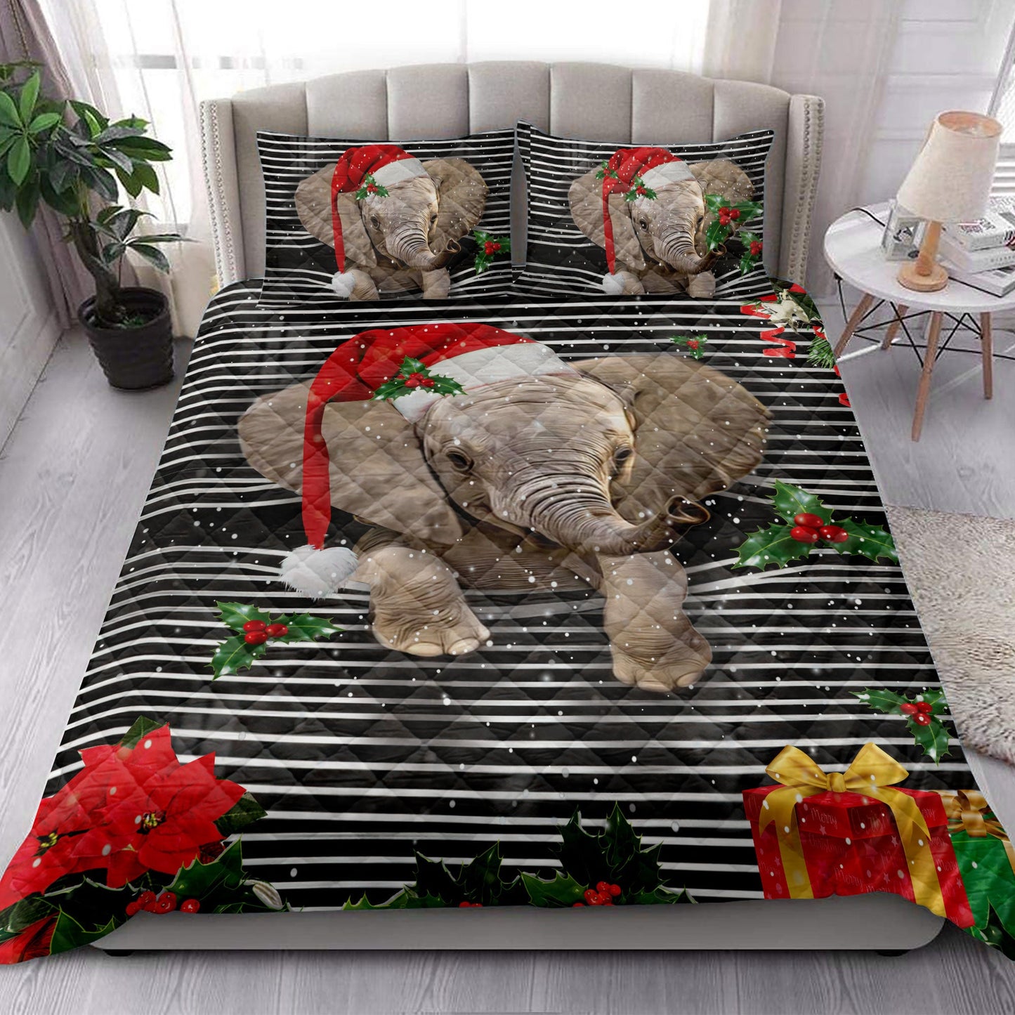 Elephant Quilt Set, Elephantmas Striped With Santa Hat And Holy Berry Snowflake Quilt Blanket With Pillowcases, Quilt Bedding Set, Christmas Gift