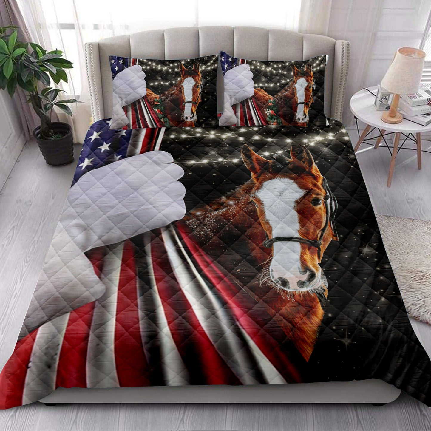 Horse Quilt Set, Horse Snowflakemas String Light Us Flag Horses Quilt Blanket With Pillowcases, Quilt Bedding Set, Christmas Gift