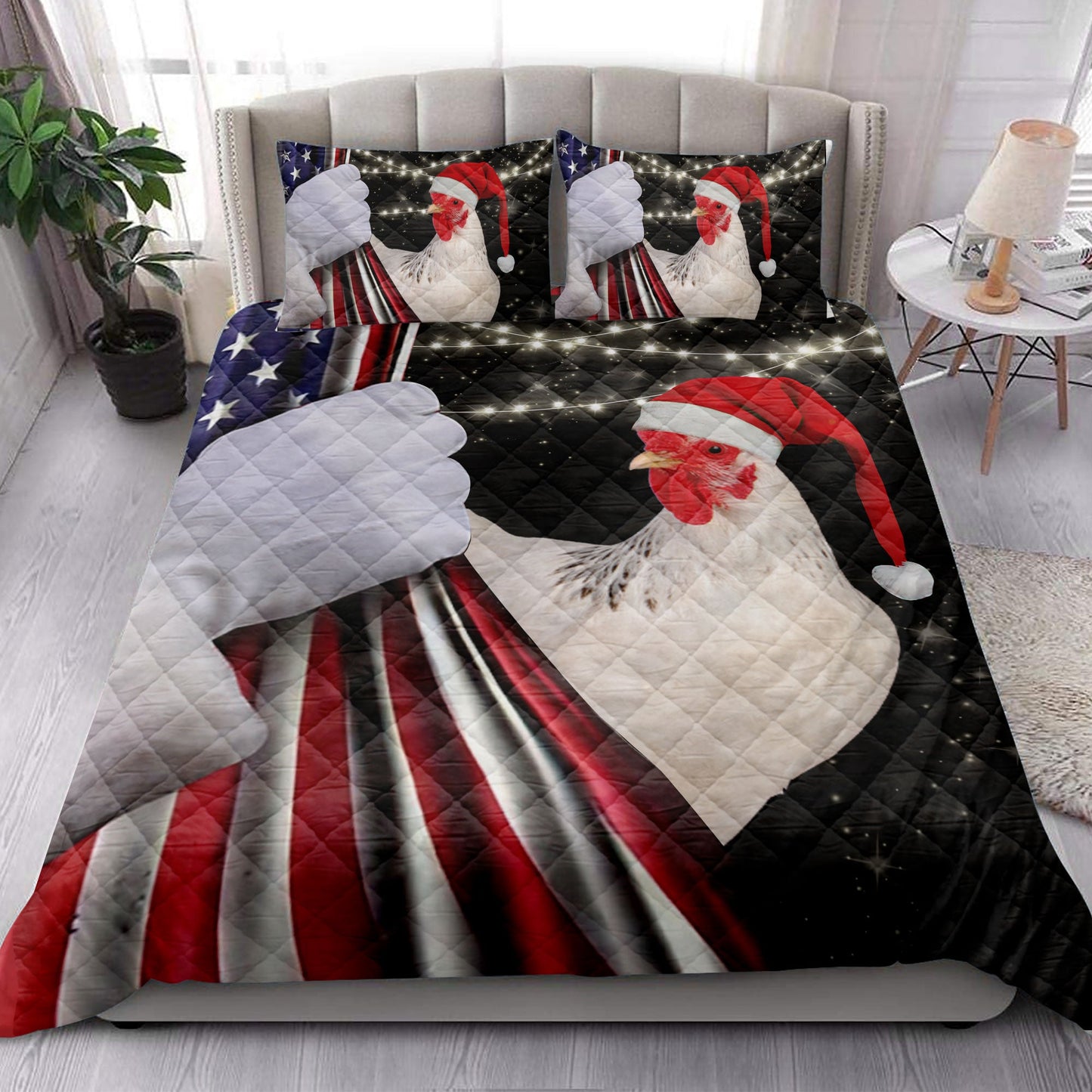Chicken Quilt Set, Chicken Rooster Santa Hat Snowflakemas String Light Us Flag Quilt Blanket With Pillowcases, Quilt Bedding Set, Christmas Gift