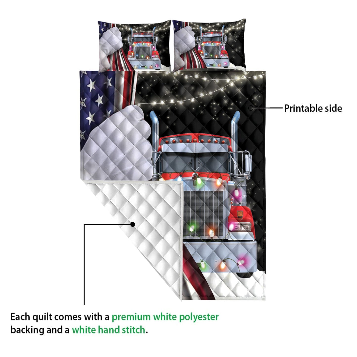 Trucker Quilt Set, Red Truckmas String Light Snowflake Us Flag Trucker Quilt Blanket With Pillowcases, Quilt Bedding Set, Christmas Gift