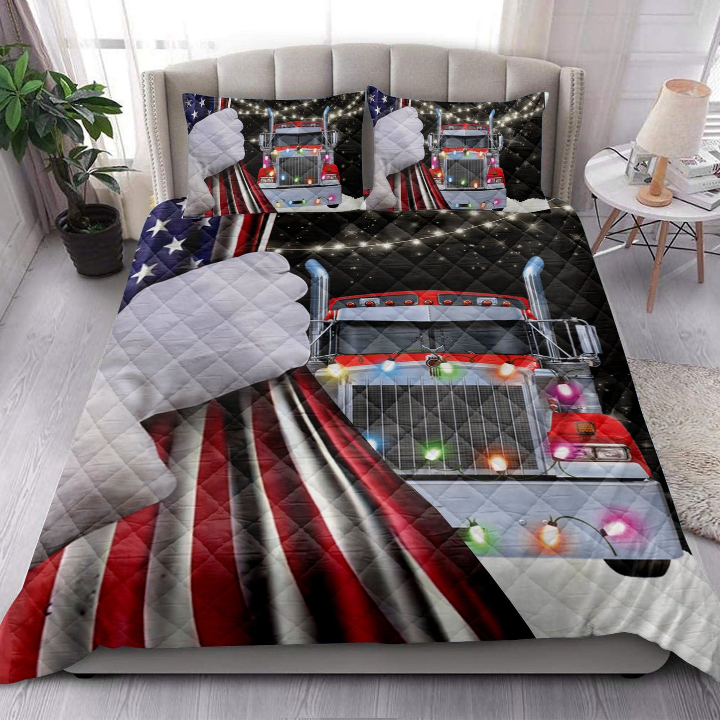 Trucker Quilt Set, Red Truckmas String Light Snowflake Us Flag Trucker Quilt Blanket With Pillowcases, Quilt Bedding Set, Christmas Gift