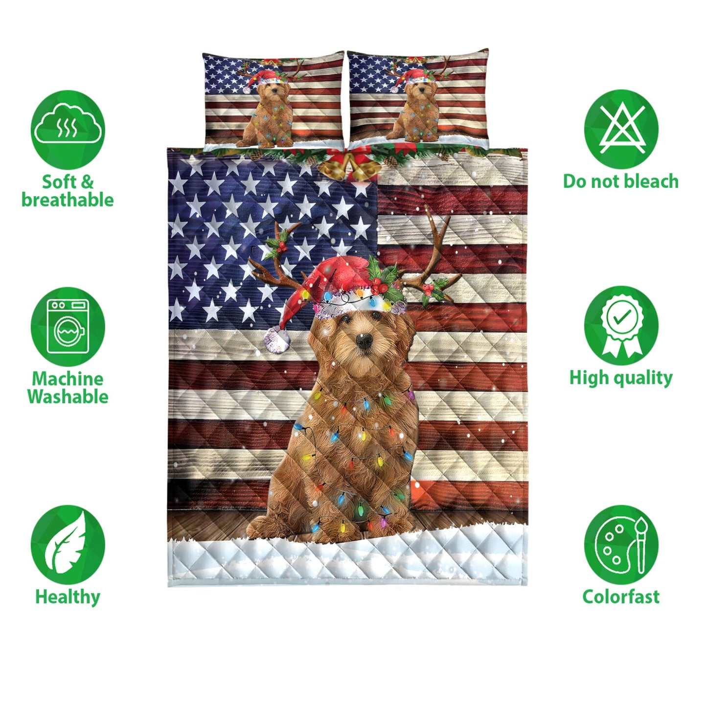 Goldendoodle Quilt Set, Goldendoodle Wearing Amas Hat With String Light Us Flag Quilt Blanket With Pillowcases, Quilt Bedding Set, Christmas Gift