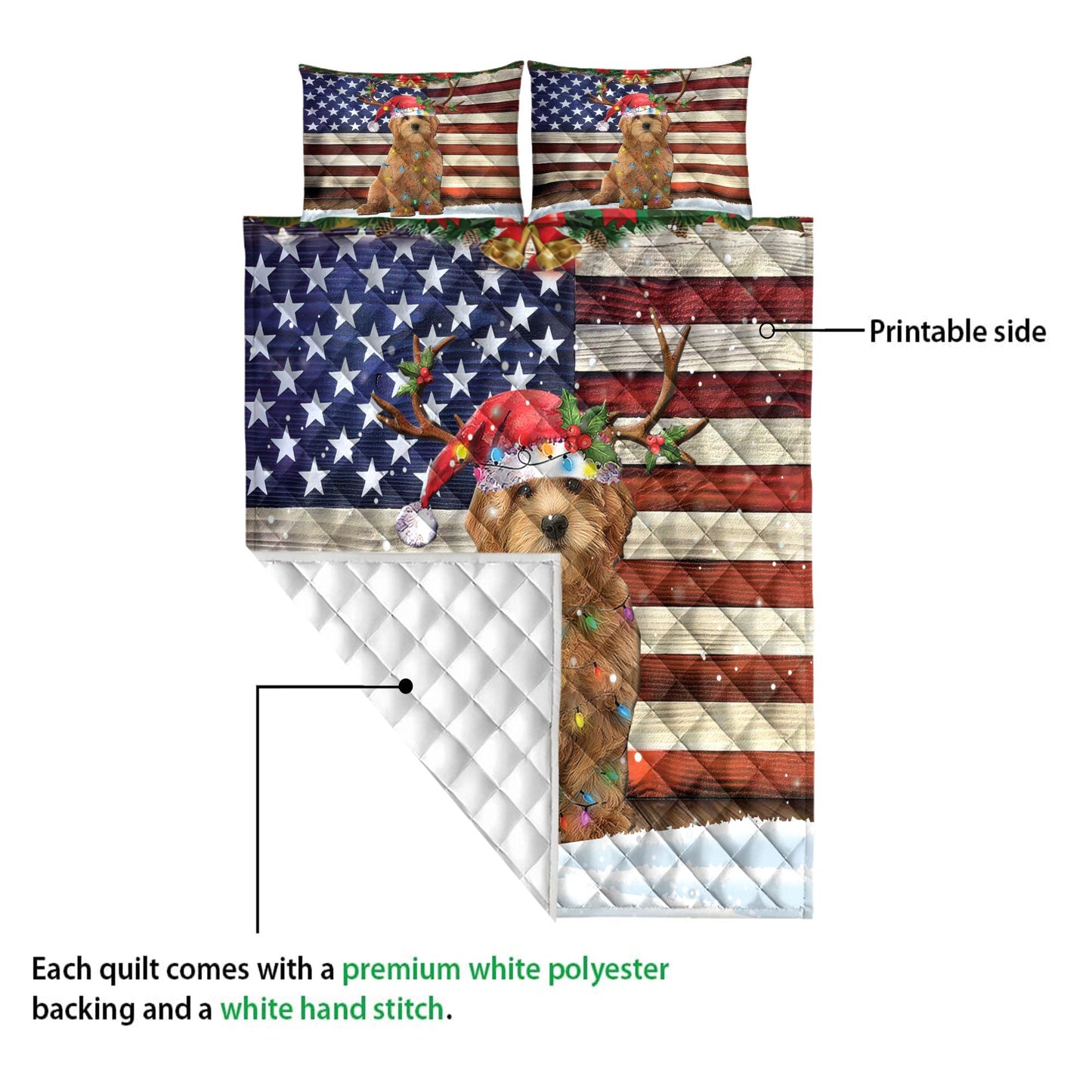 Goldendoodle Quilt Set, Goldendoodle Wearing Amas Hat With String Light Us Flag Quilt Blanket With Pillowcases, Quilt Bedding Set, Christmas Gift