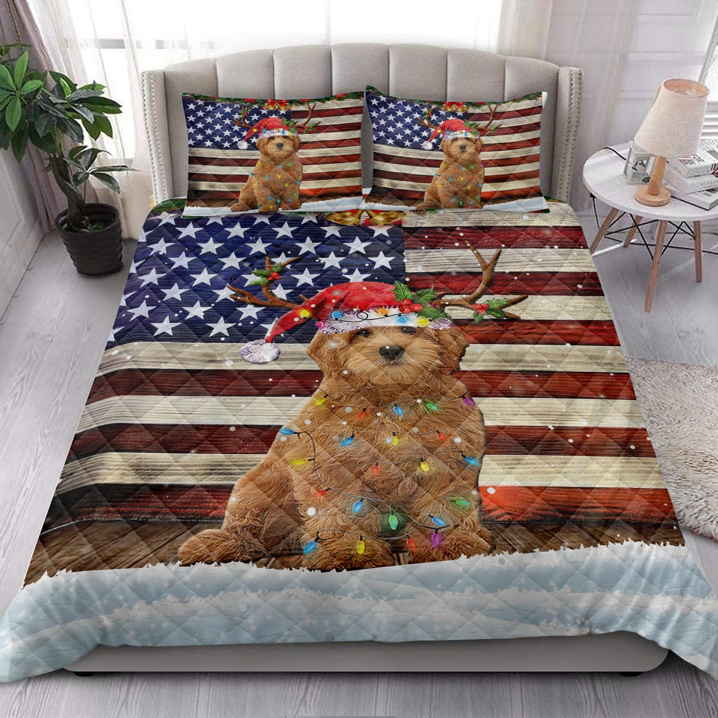 Goldendoodle Quilt Set, Goldendoodle Wearing Amas Hat With String Light Us Flag Quilt Blanket With Pillowcases, Quilt Bedding Set, Christmas Gift