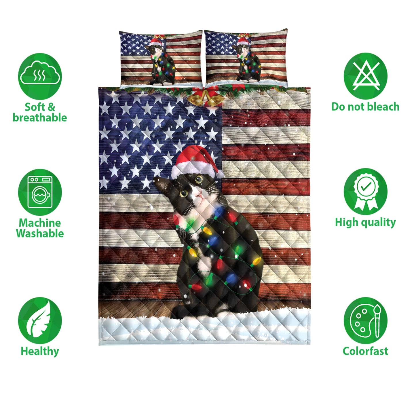 Tuxedo Cat Quilt Set, Tuxedo Cat Wearing Amas Hat With String Light Us Flag Quilt Blanket With Pillowcases, Quilt Bedding Set, Christmas Gift