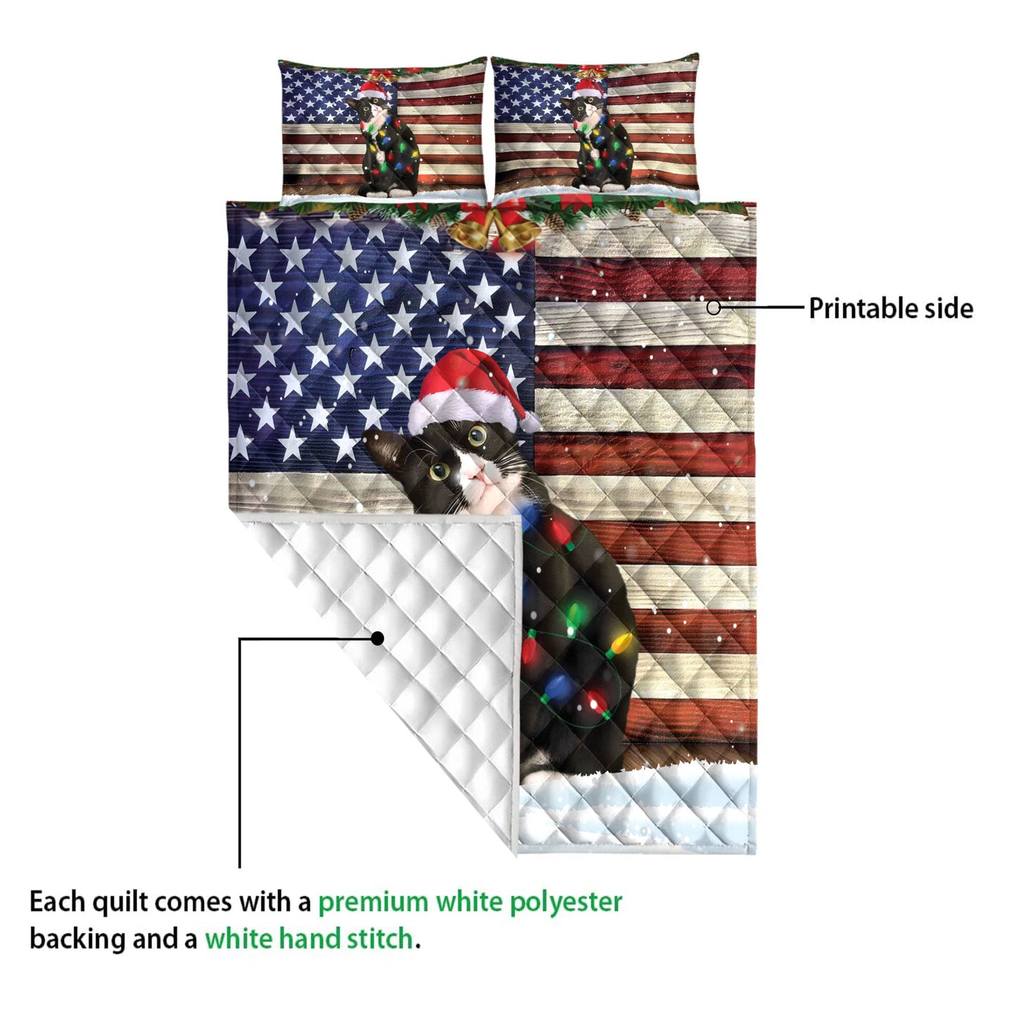 Tuxedo Cat Quilt Set, Tuxedo Cat Wearing Amas Hat With String Light Us Flag Quilt Blanket With Pillowcases, Quilt Bedding Set, Christmas Gift