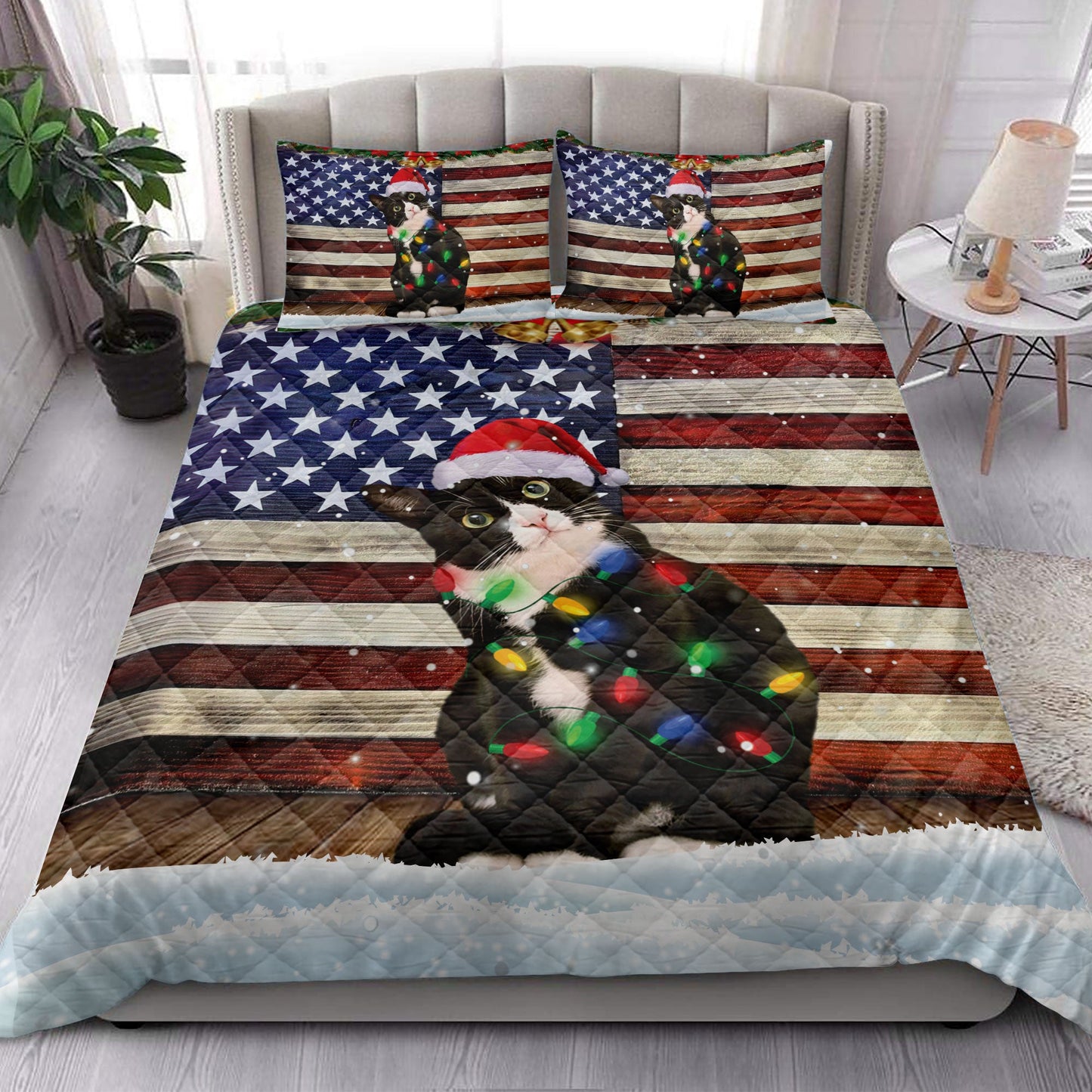Tuxedo Cat Quilt Set, Tuxedo Cat Wearing Amas Hat With String Light Us Flag Quilt Blanket With Pillowcases, Quilt Bedding Set, Christmas Gift