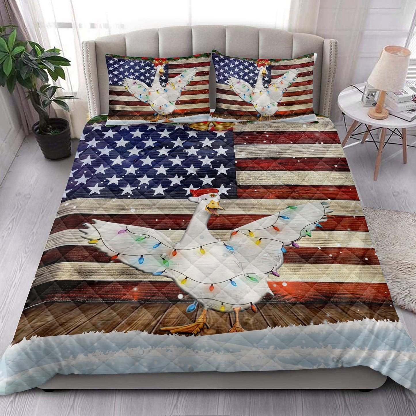 Duck Quilt Set, Duck Wearing Amas Hat With String Light Us Flag Quilt Blanket With Pillowcases, Quilt Bedding Set, Christmas Gift