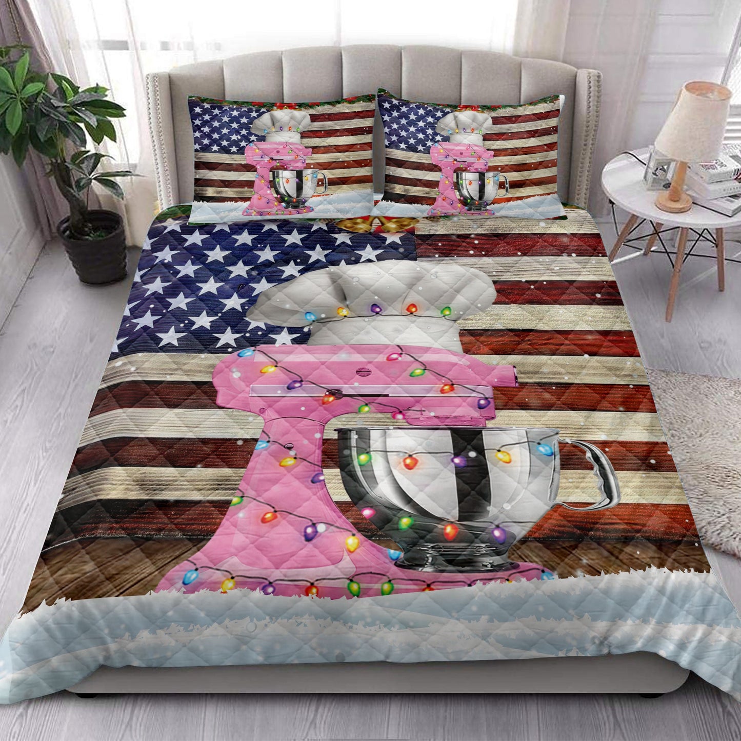 Baking Quilt Set, Stand Baking Mixer With String Lights Us Flag Baker Quilt Blanket With Pillowcases, Quilt Bedding Set