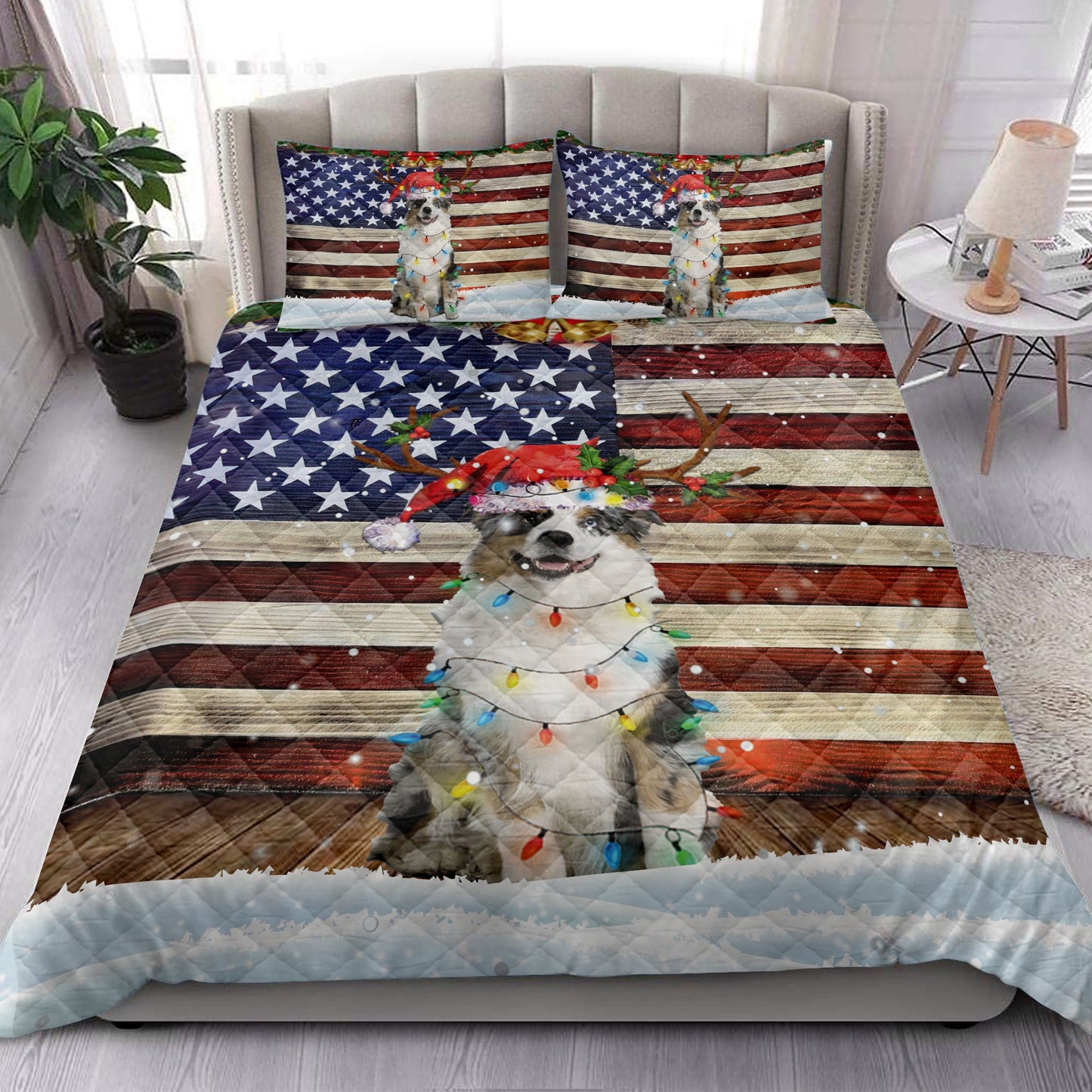 Australian Shepherd Quilt Set, A Ustralian Shepherd Wearing A Red Reindeer Hat With String Light Quilt Blanket With Pillowcases, Quilt Bedding Set