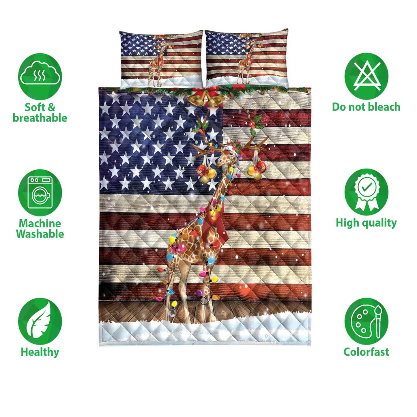 Giraffe Quilt Set, Giraffe Wearing Amas Hat With String Light Us Flag Quilt Blanket With Pillowcases, Quilt Bedding Set, Christmas Gift