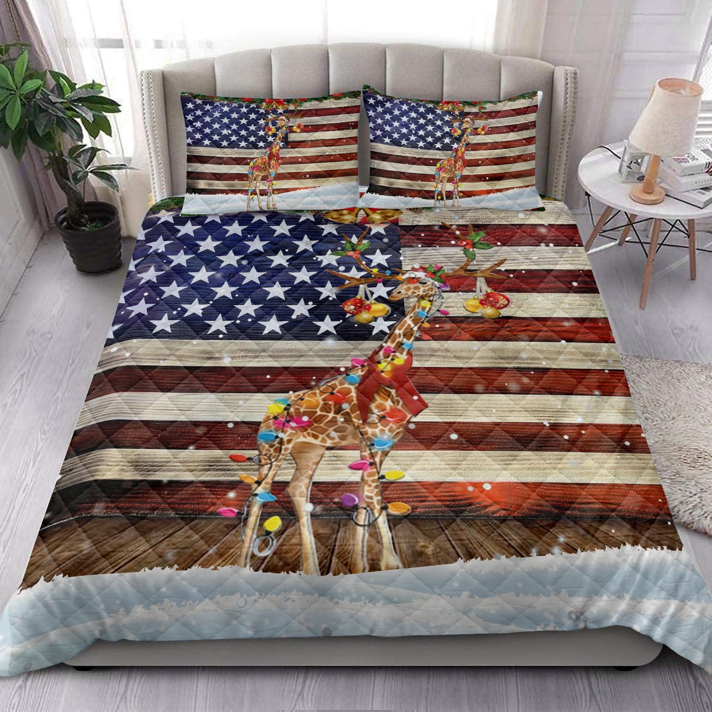 Giraffe Quilt Set, Giraffe Wearing Amas Hat With String Light Us Flag Quilt Blanket With Pillowcases, Quilt Bedding Set, Christmas Gift