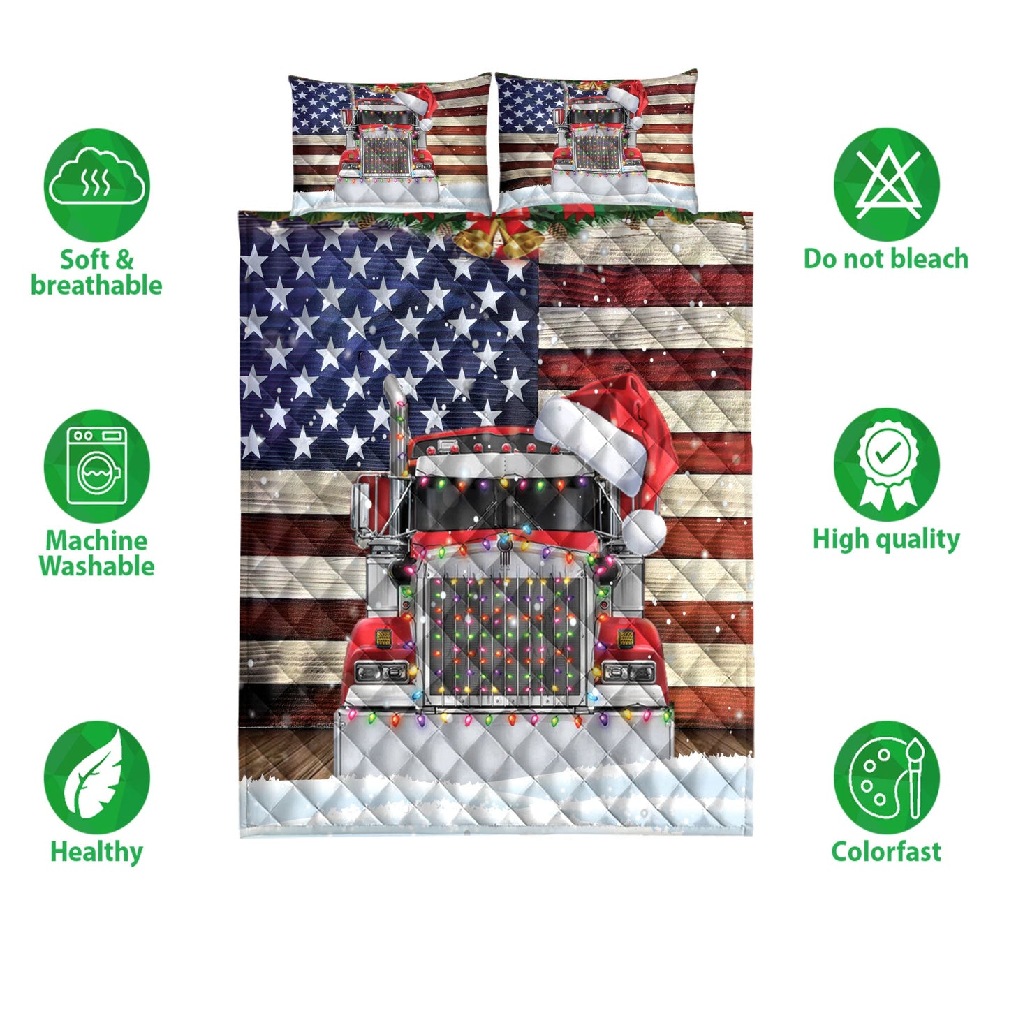 Trucker Quilt Set, Red Truck Wearing Amas Hat With String Light Us Flag Quilt Blanket With Pillowcases, Quilt Bedding Set, Christmas Gift