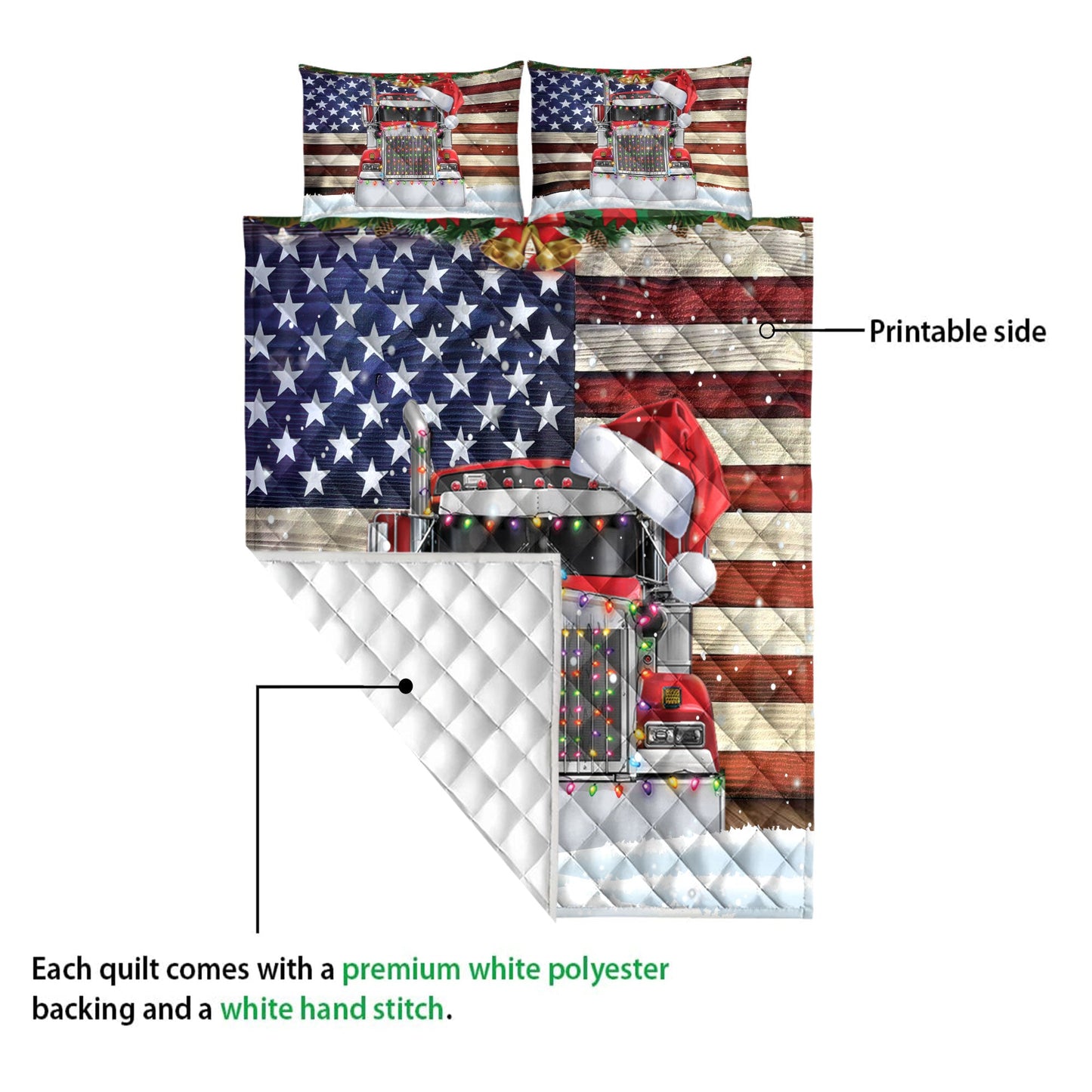 Trucker Quilt Set, Red Truck Wearing Amas Hat With String Light Us Flag Quilt Blanket With Pillowcases, Quilt Bedding Set, Christmas Gift