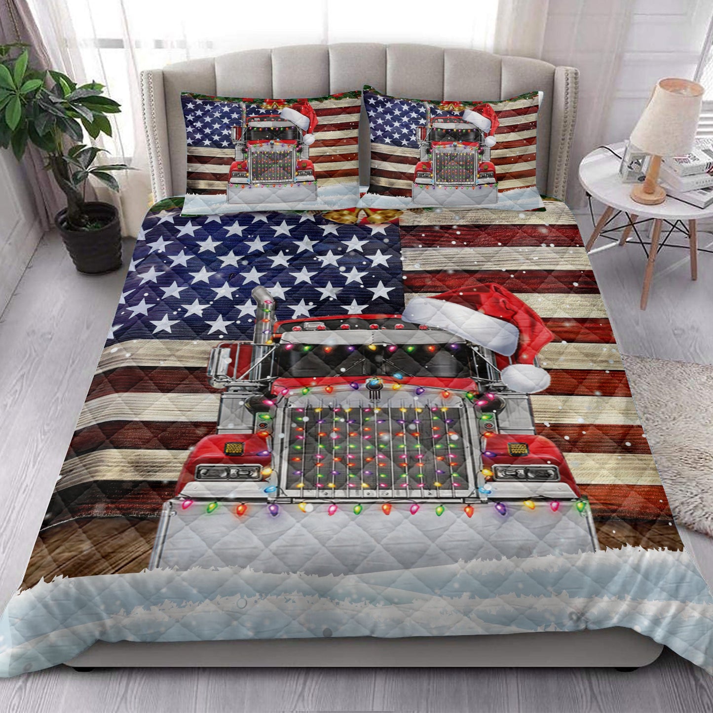 Trucker Quilt Set, Red Truck Wearing Amas Hat With String Light Us Flag Quilt Blanket With Pillowcases, Quilt Bedding Set, Christmas Gift