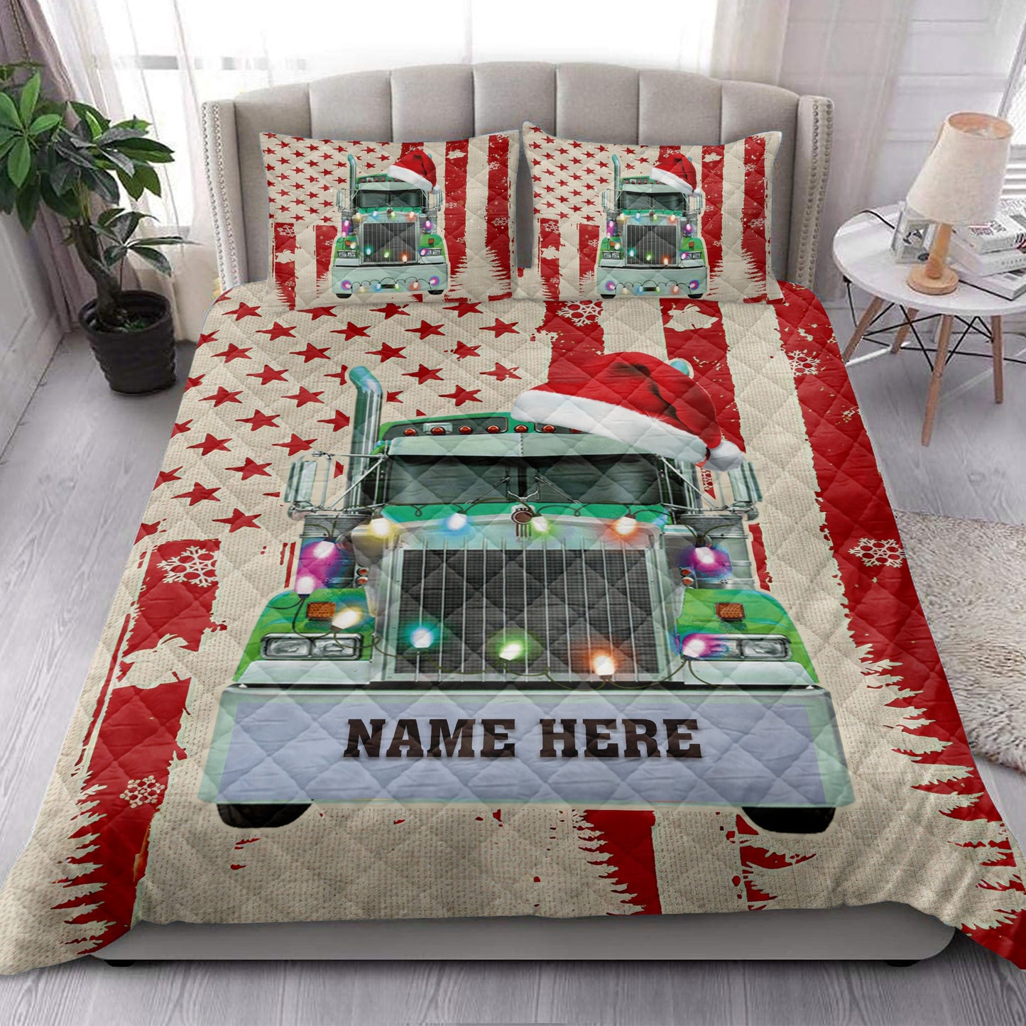 Personalized Trucker Quilt Set, Green Truckmas String Light Us Flag Quilt Blanket With Pillowcases, Custom Name Quilt Bedding Set, Christmas Gift