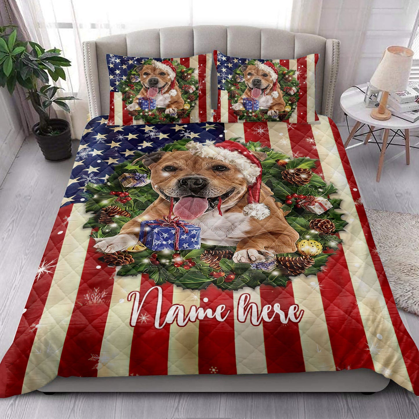 Personalized Pitbull Quilt Set, Pitbull Wearingmas Hat Wreath Quilt Blanket With Pillowcases, Custom Name Quilt Bedding Set, Christmas Gift