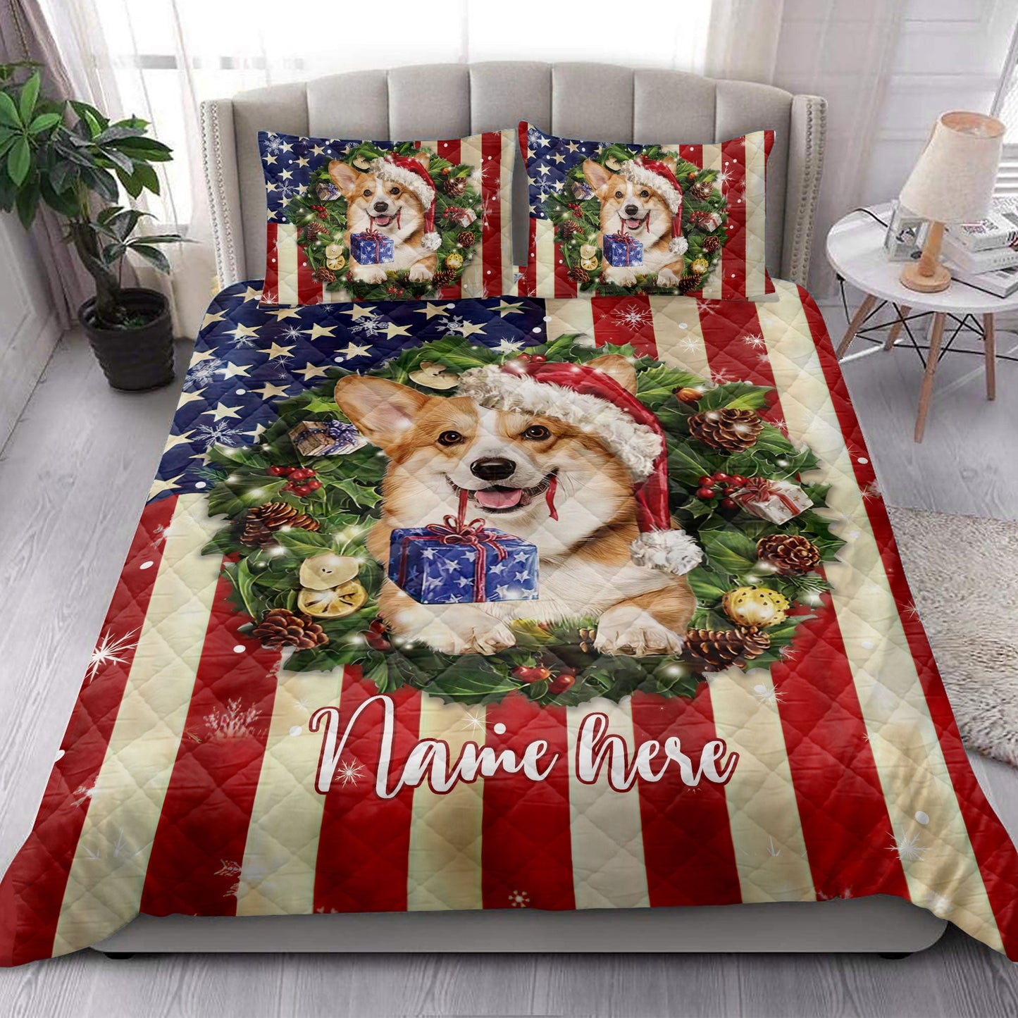 Personalized Corgi Quilt Set, Corgi Wearingmas Hat Wreath Quilt Blanket With Pillowcases, Custom Name Quilt Bedding Set, Christmas Gift