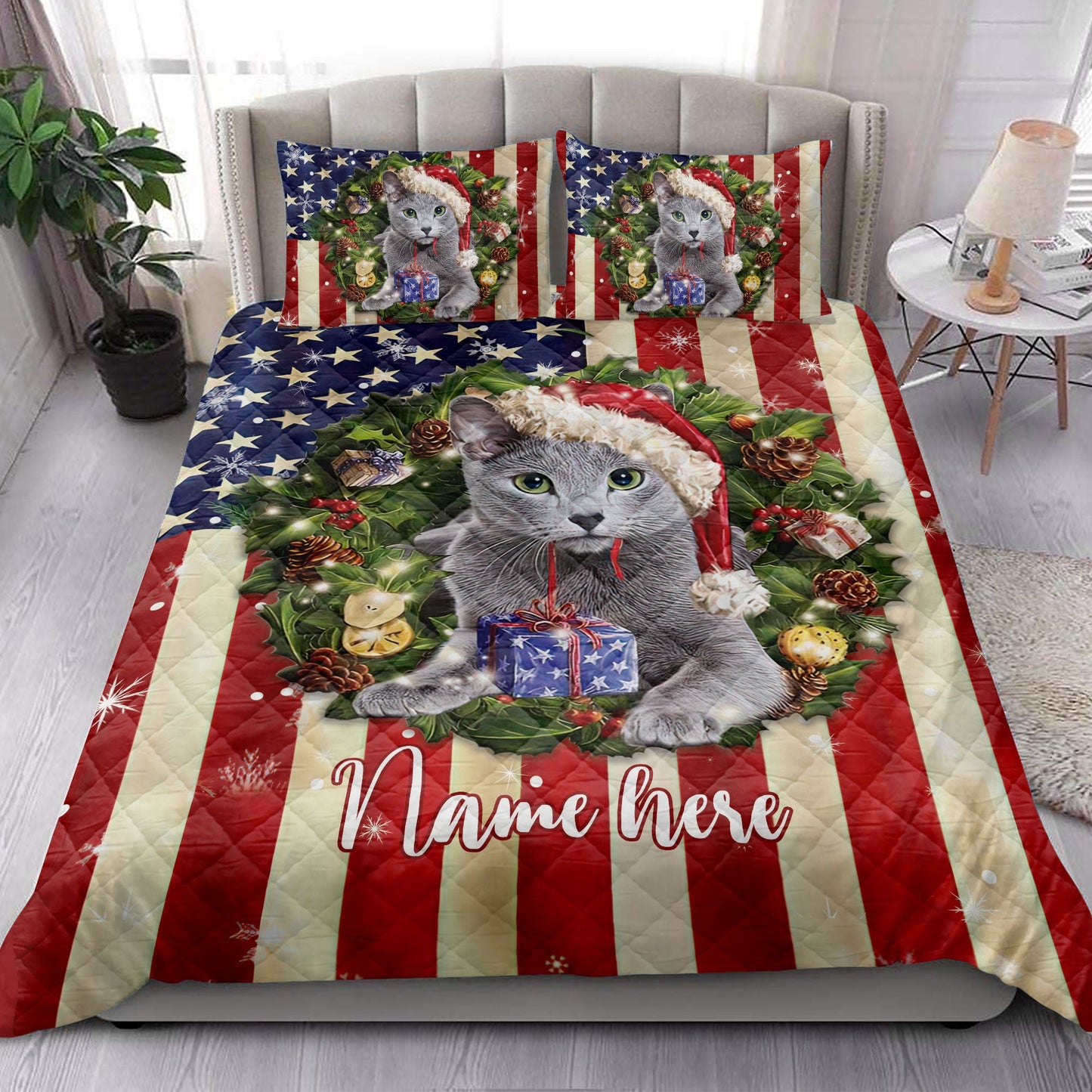 Personalized Russian Blue Quilt Set, R Ussian Cat Wearingmas Hat Wreath Quilt Blanket With Pillowcases, Custom Name Quilt Bedding Set, Christmas Gift