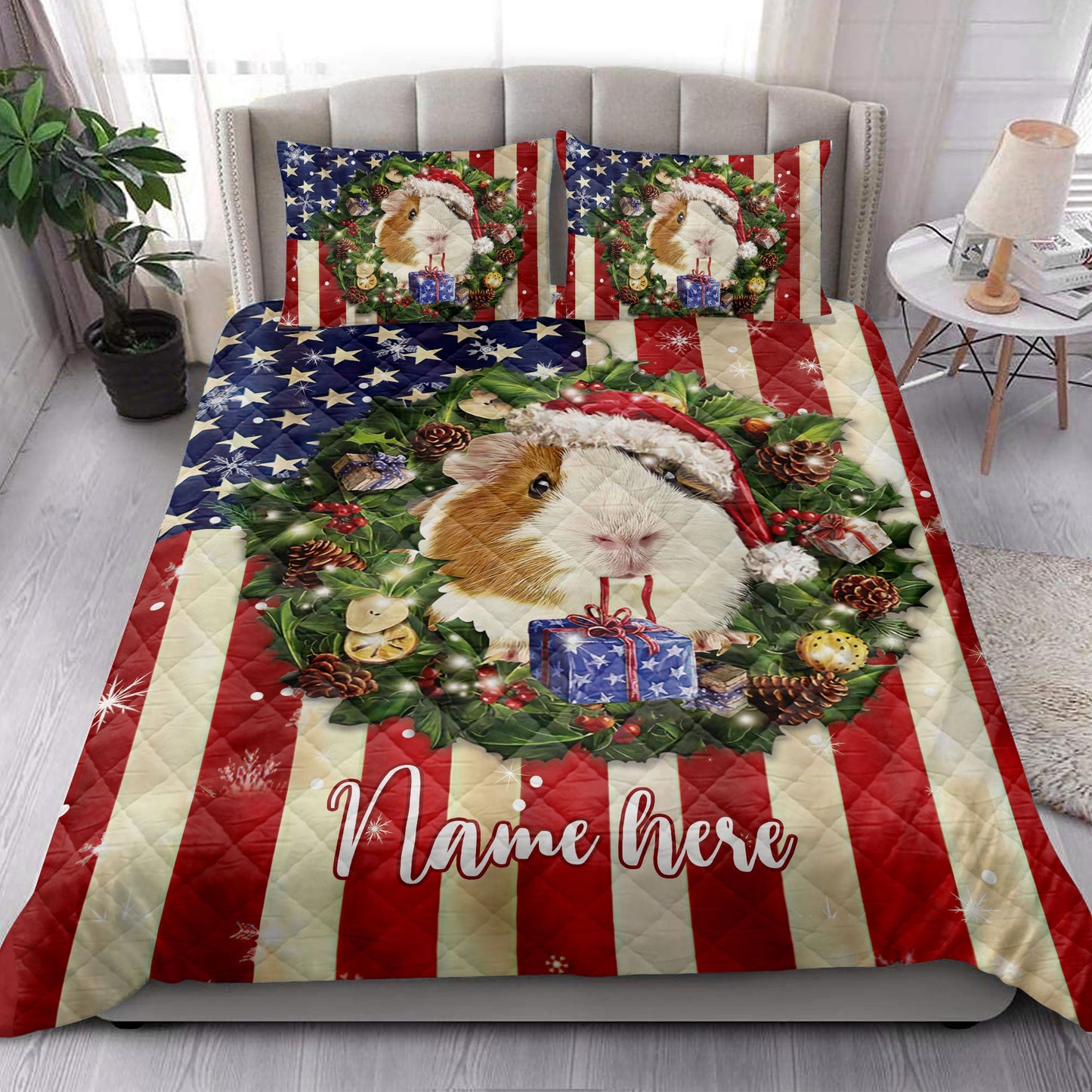 Personalized Guinea Pig Quilt Set, Guinea Pig Wearingmas Hat Wreath Quilt Blanket With Pillowcases, Custom Name Quilt Bedding Set, Christmas Gift